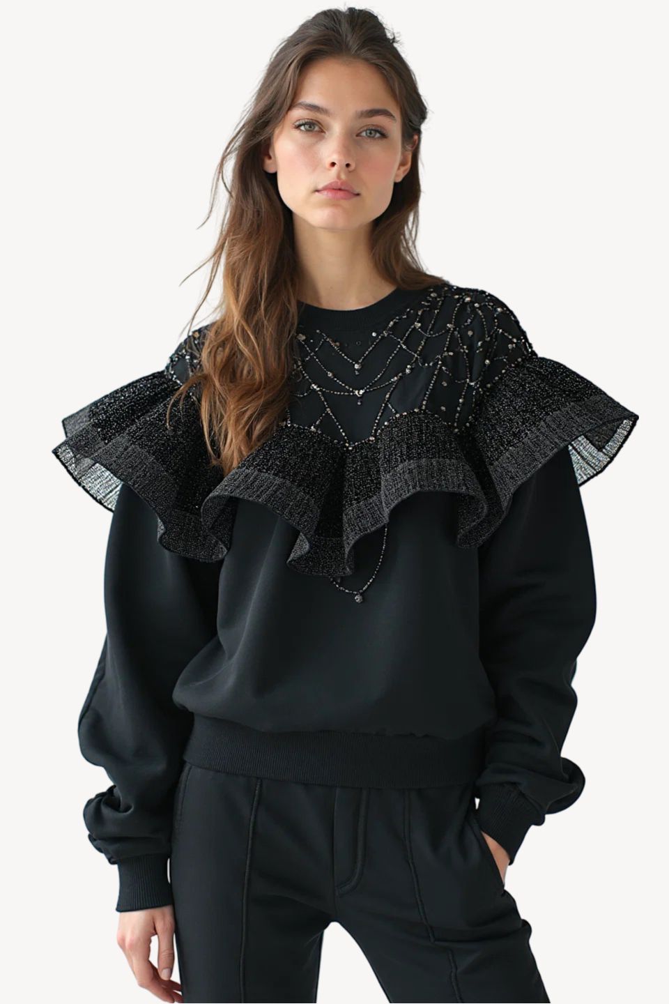 NOIR EMBELLISHED RUFFLE HOODED SWEATSHIRT