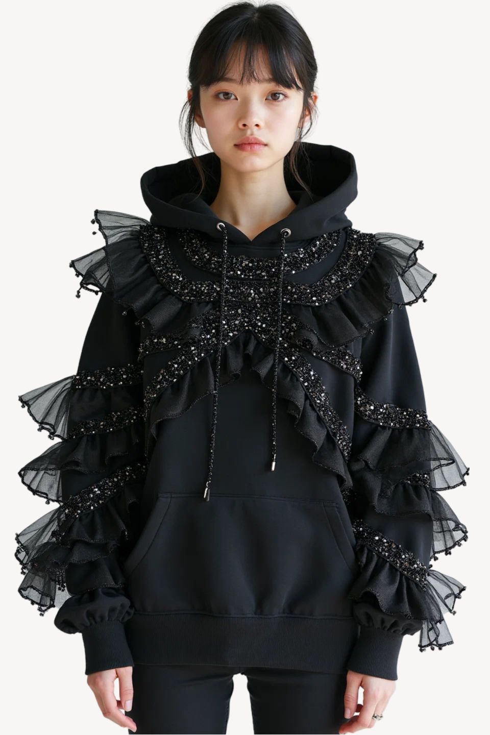 NOIR EMBELLISHED RUFFLE HOODED SWEATSHIRT