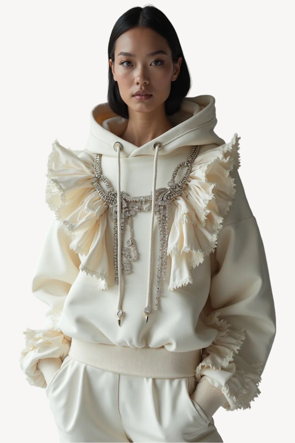 IVORY EMBELLISHED BAROQUE HOODED SWEATSHIRT