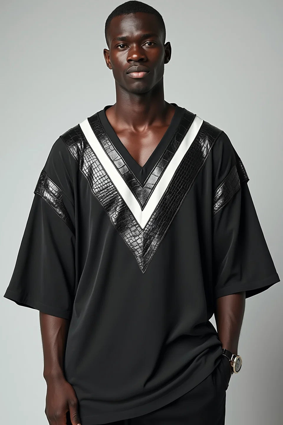 Layered Chevron T-Shirt in Faux Leather Detailing