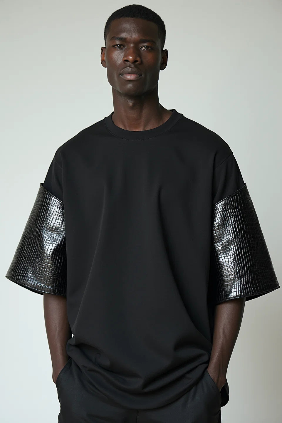 Faux Leather Sleeve T-Shirt in Heavy Cotton