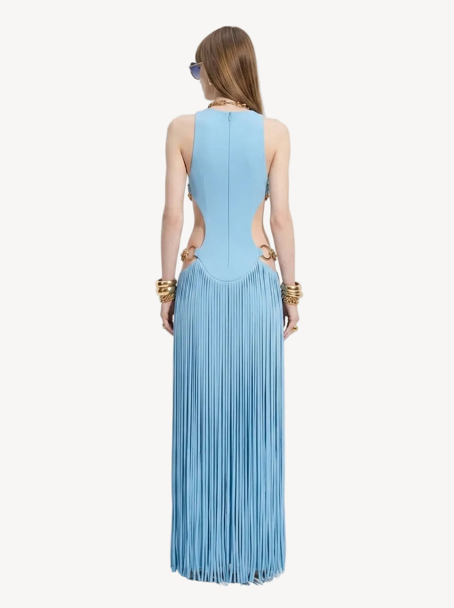Blue Cut-Out Fringe Maxi Dress