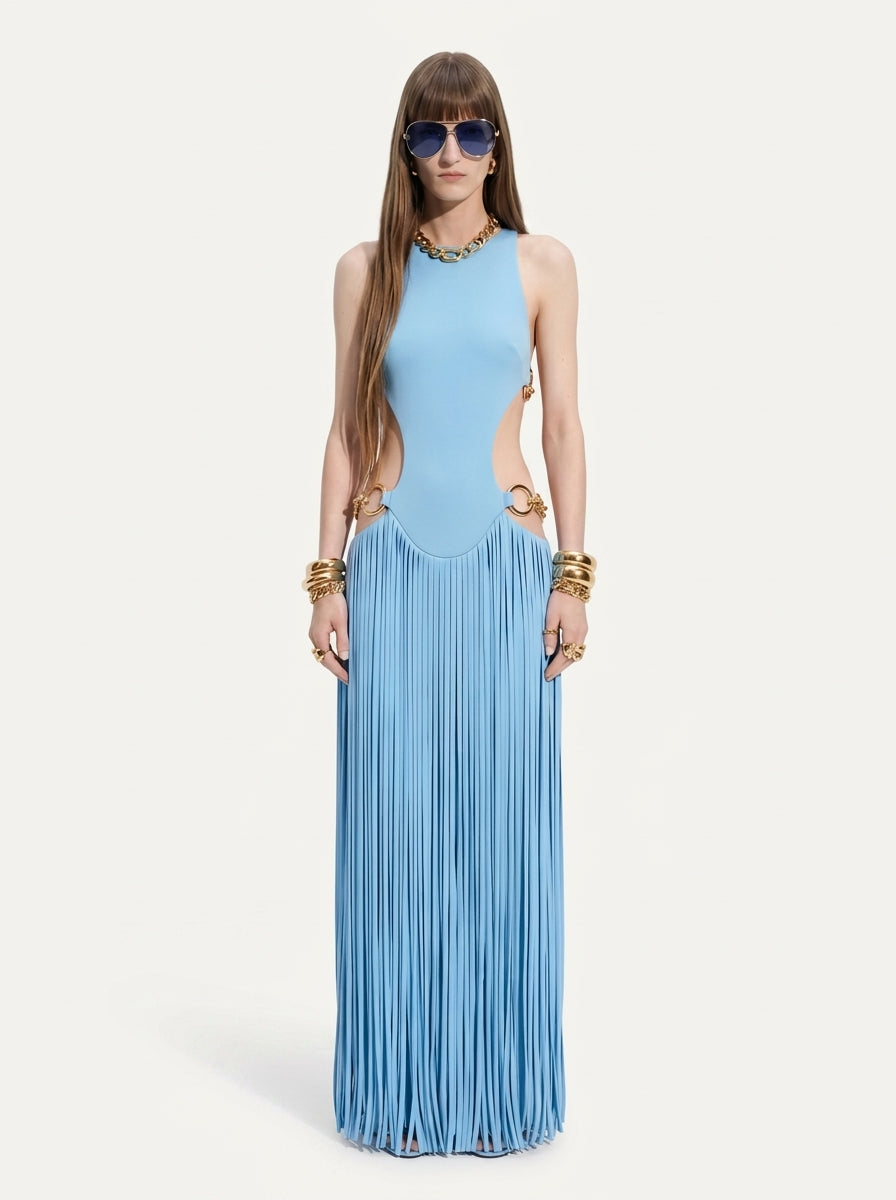 Blue Cut-Out Fringe Maxi Dress