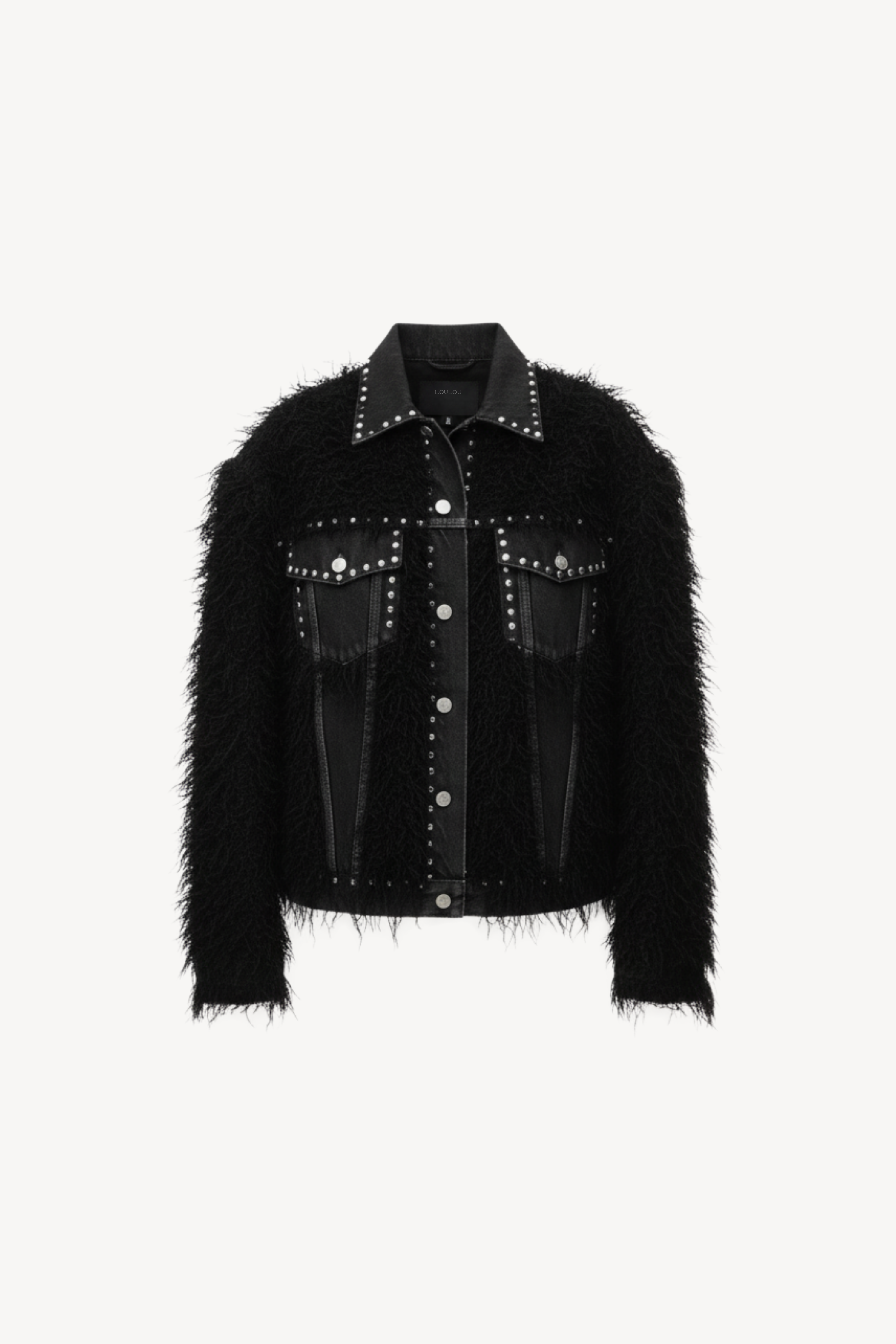 BLACK STUDDED DENIM AND FAUX-FUR JACKET