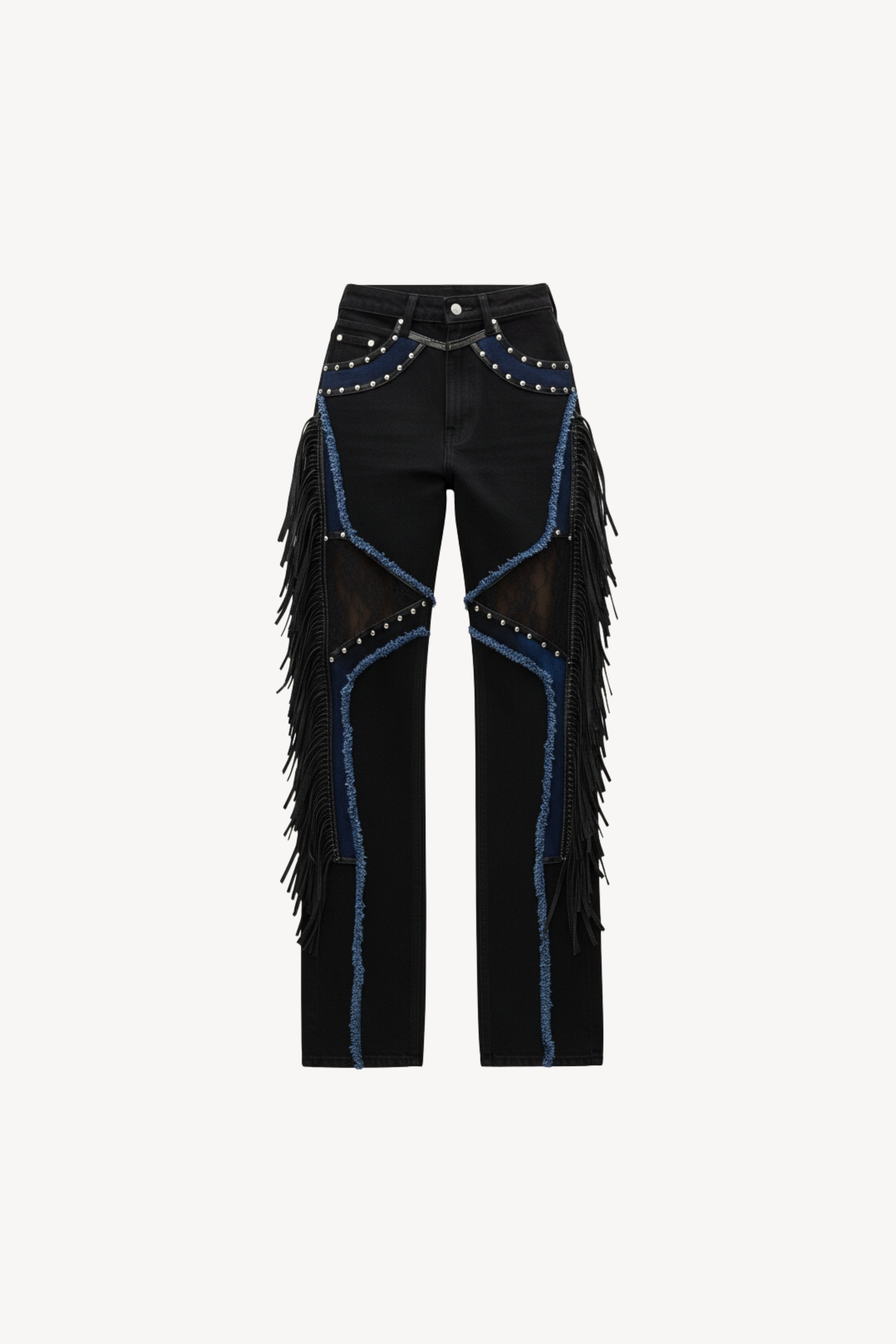 DENIM AND LACE FRINGE TROUSERS