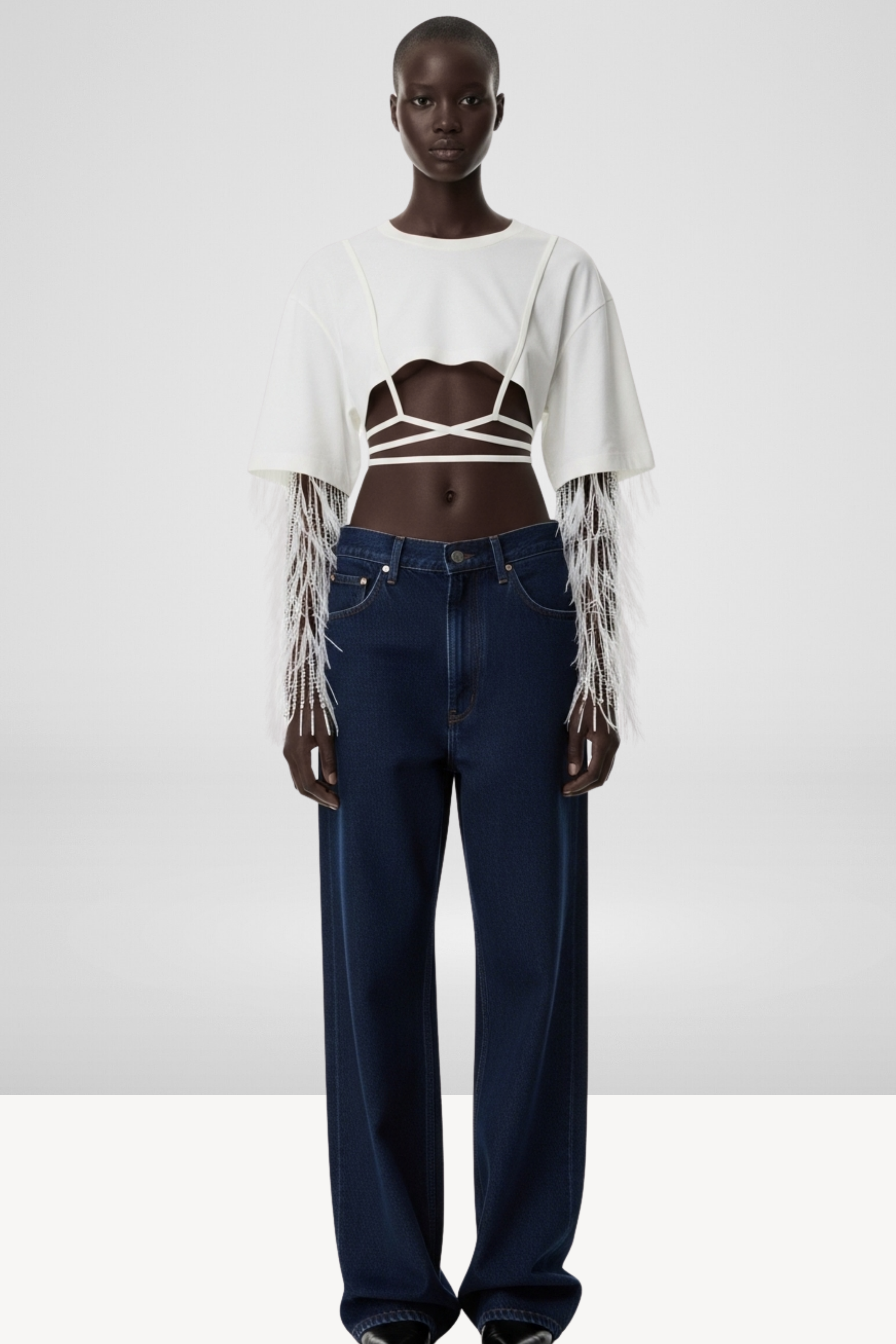 FEATHER-SLEEVE CROP T-SHIRT