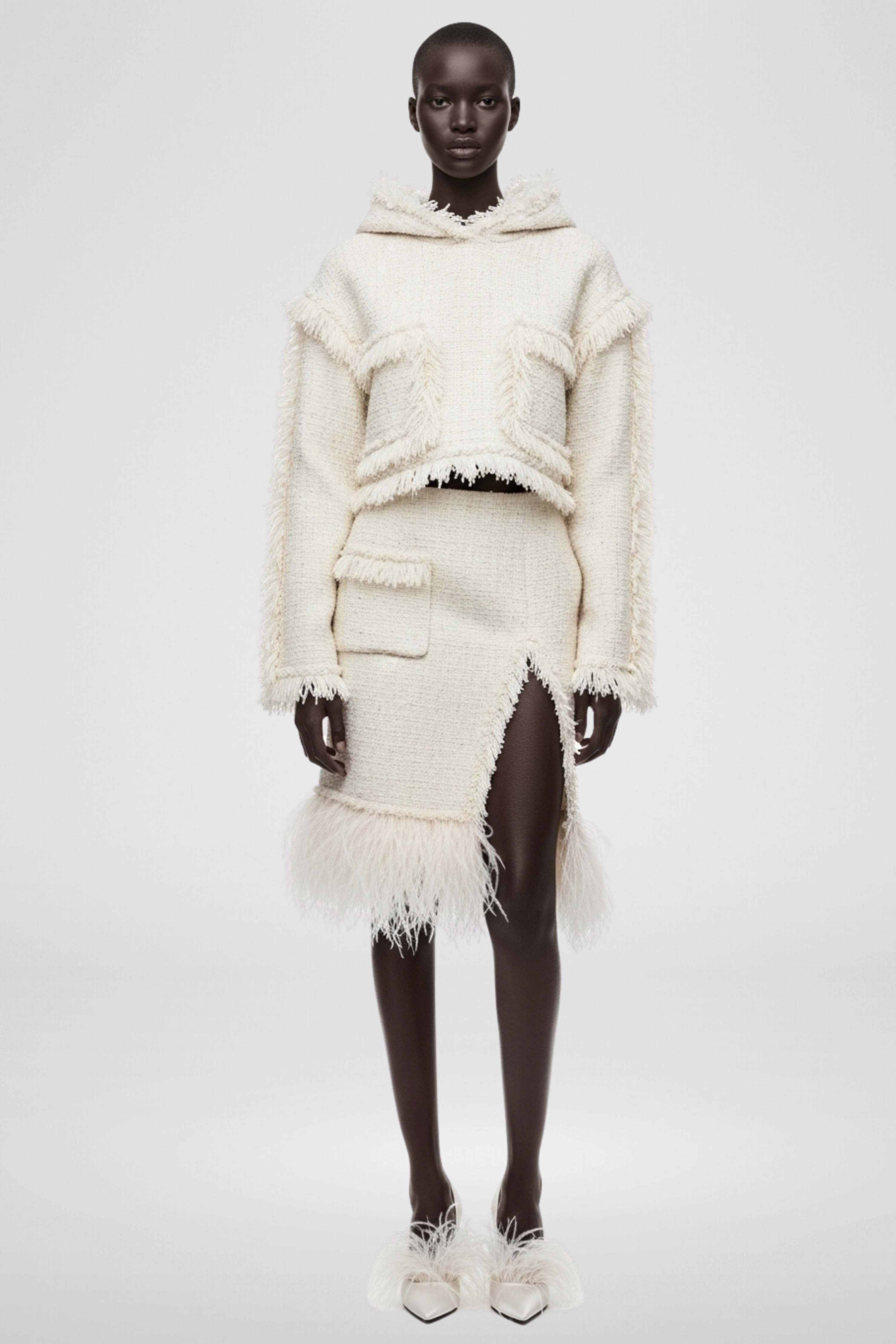 FEATHER-TRIM BOUCLÉ HOODIE AND SKIRT SET