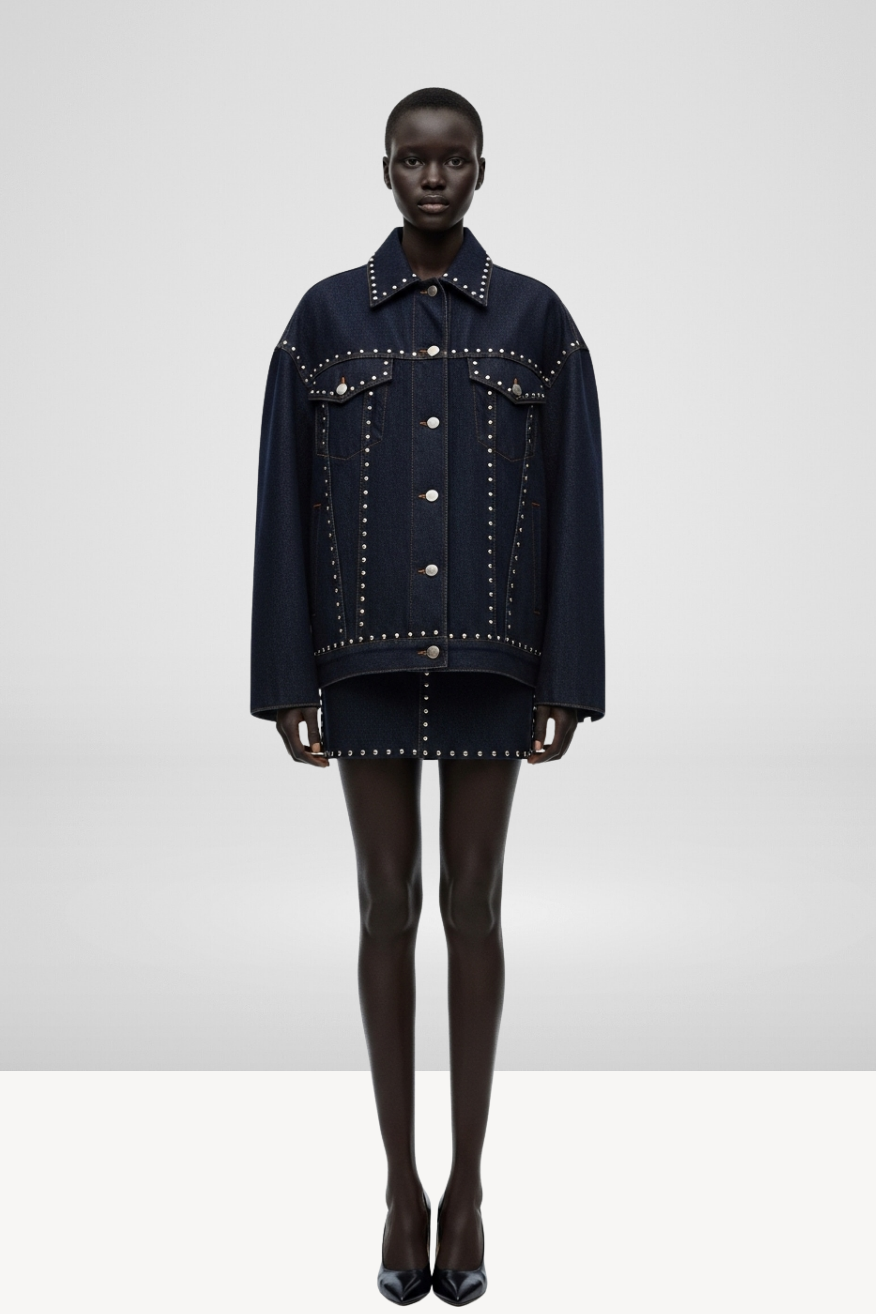 STUDDED DENIM JACKET AND MINI SKIRT SET