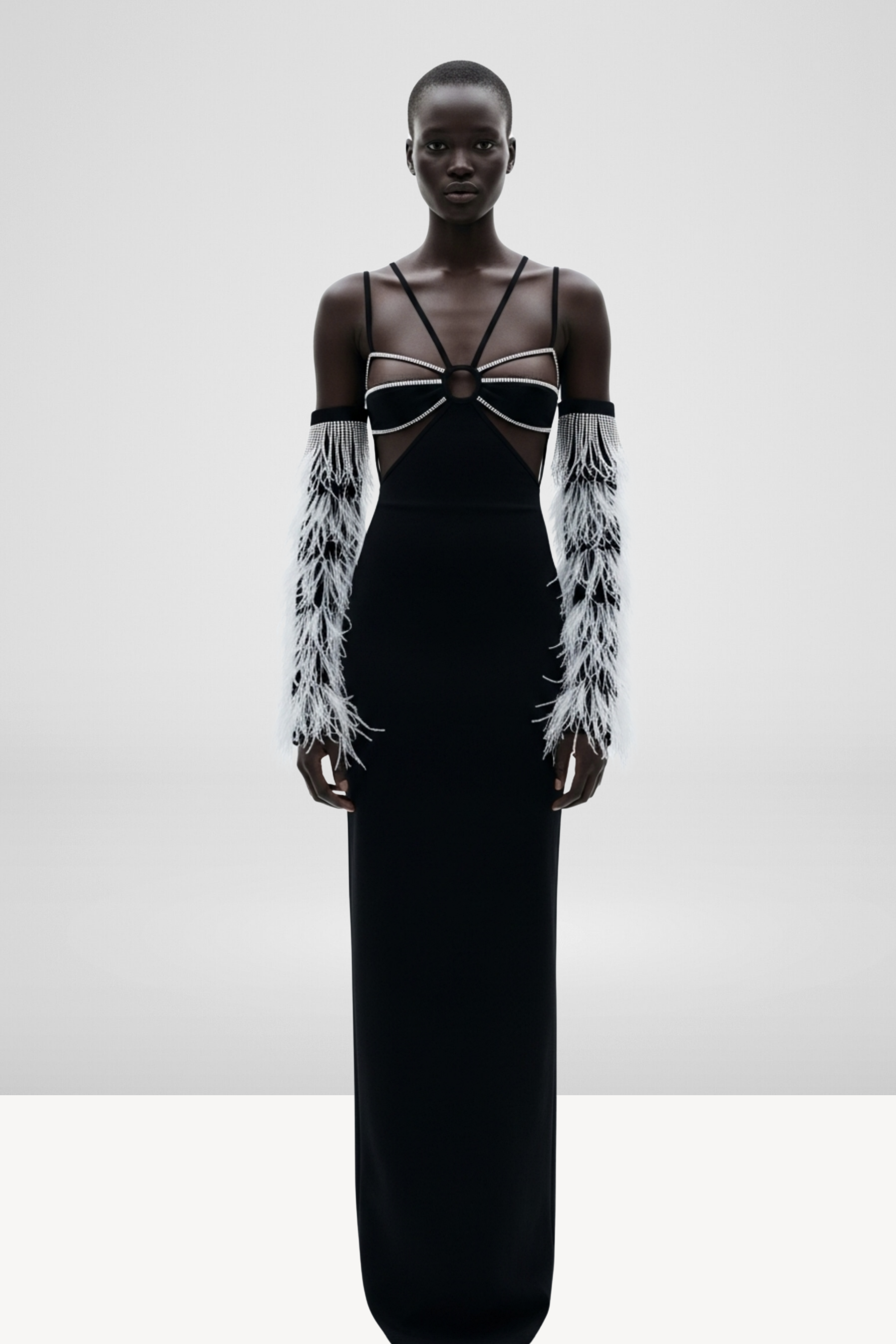 FEATHER-SLEEVE CUT-OUT GOWN