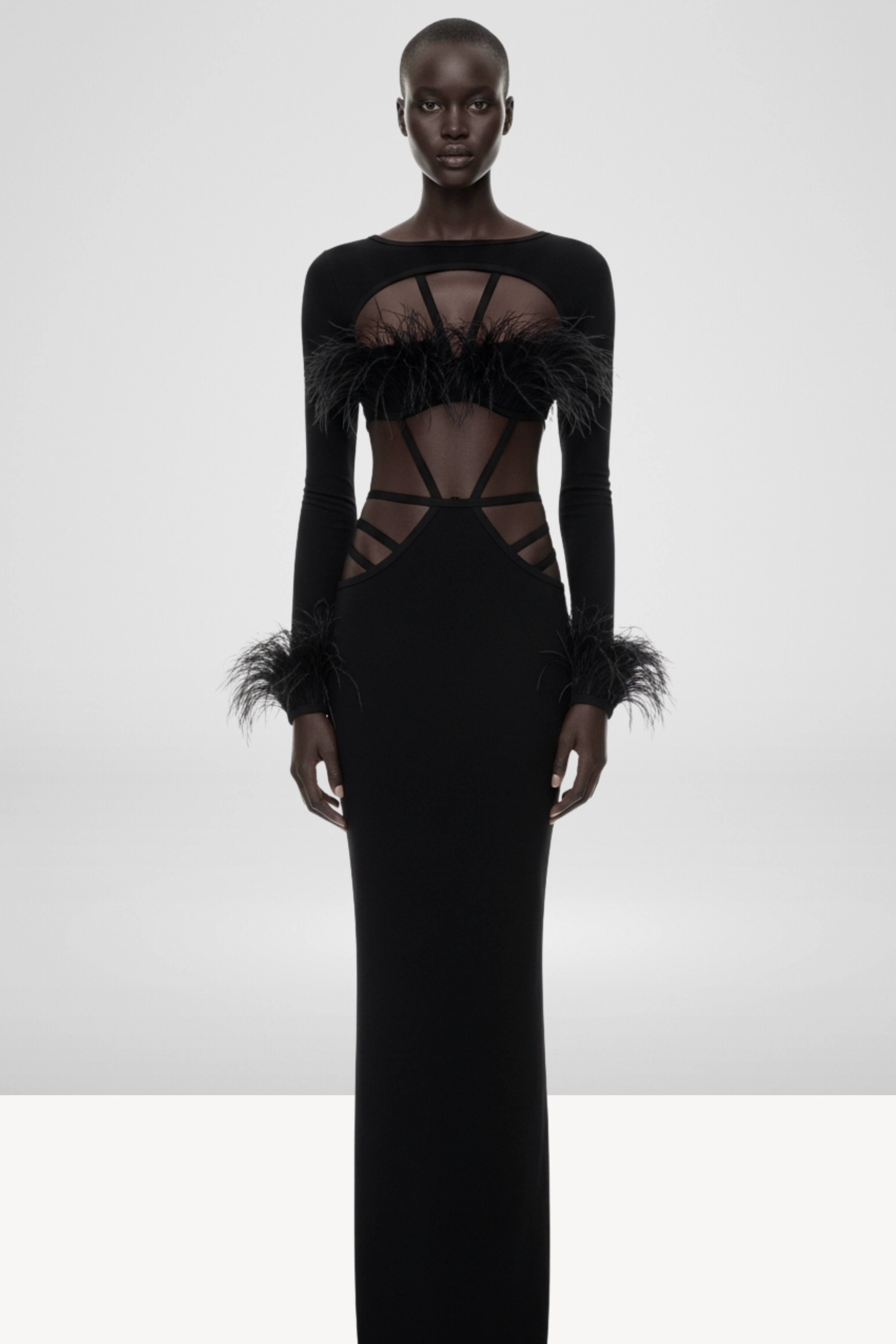 FEATHER TRIM CUT-OUT GOWN