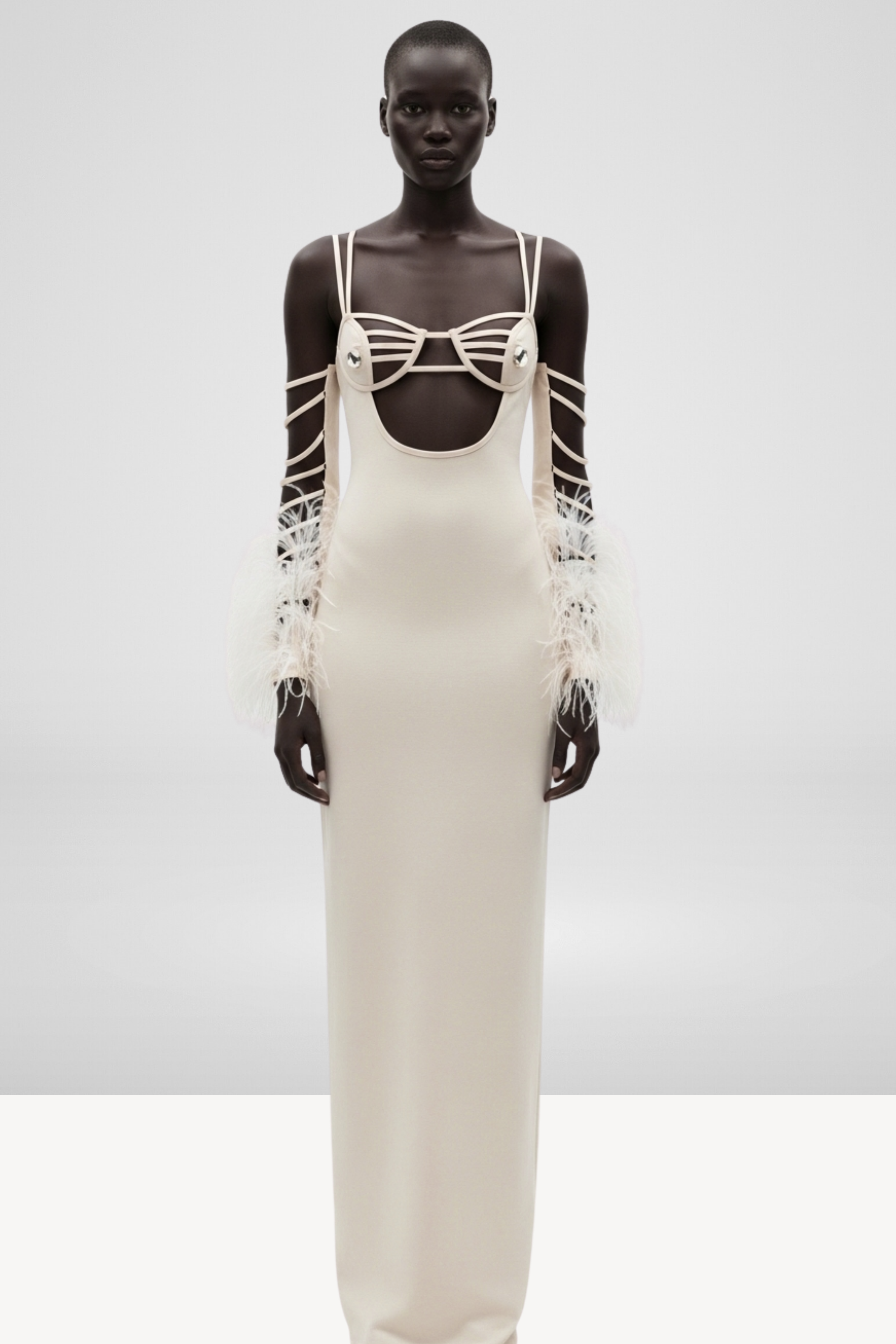 STRAPPY FEATHER-TRIM GOWN