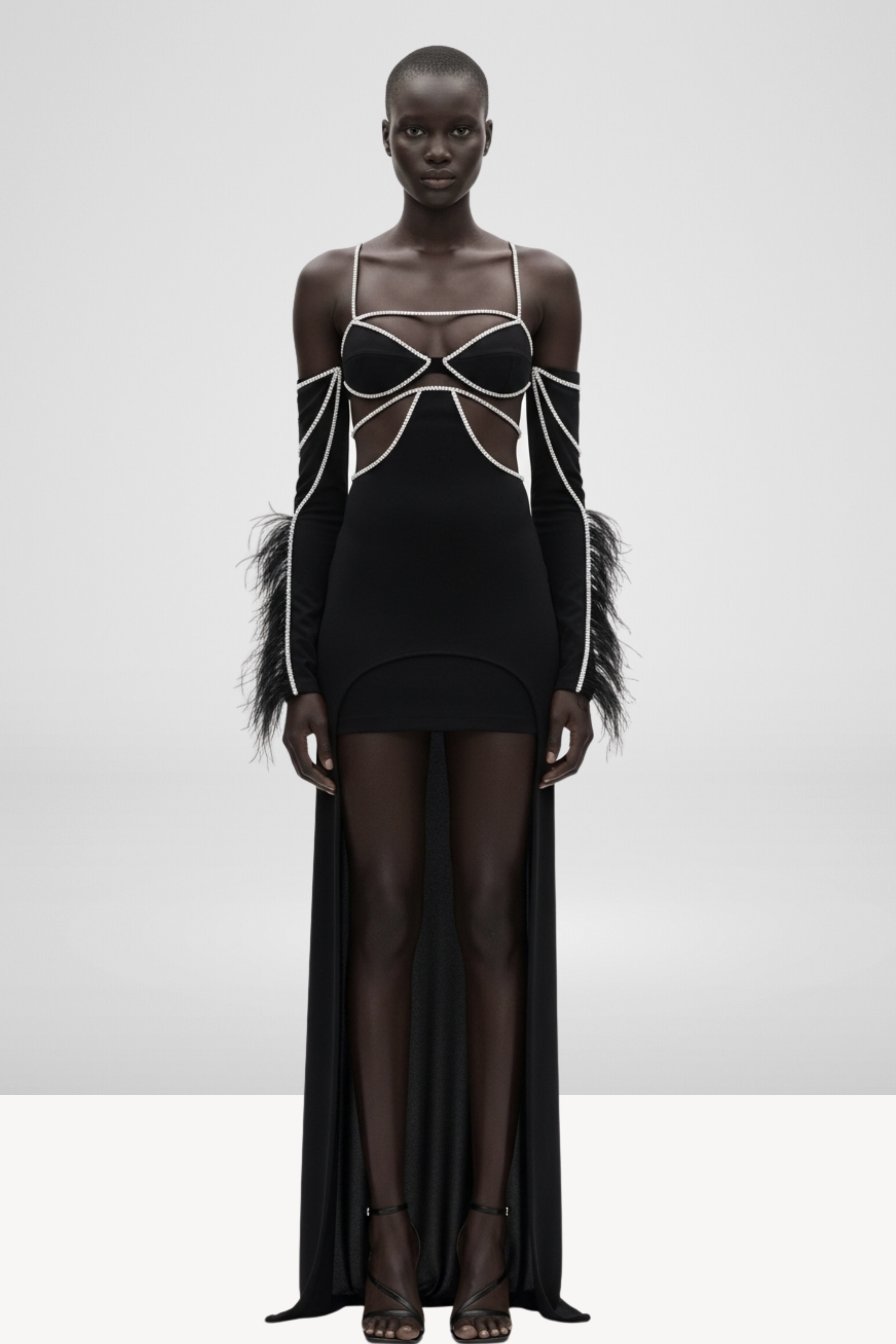 FEATHER-TRIM BEADED MINI GOWN