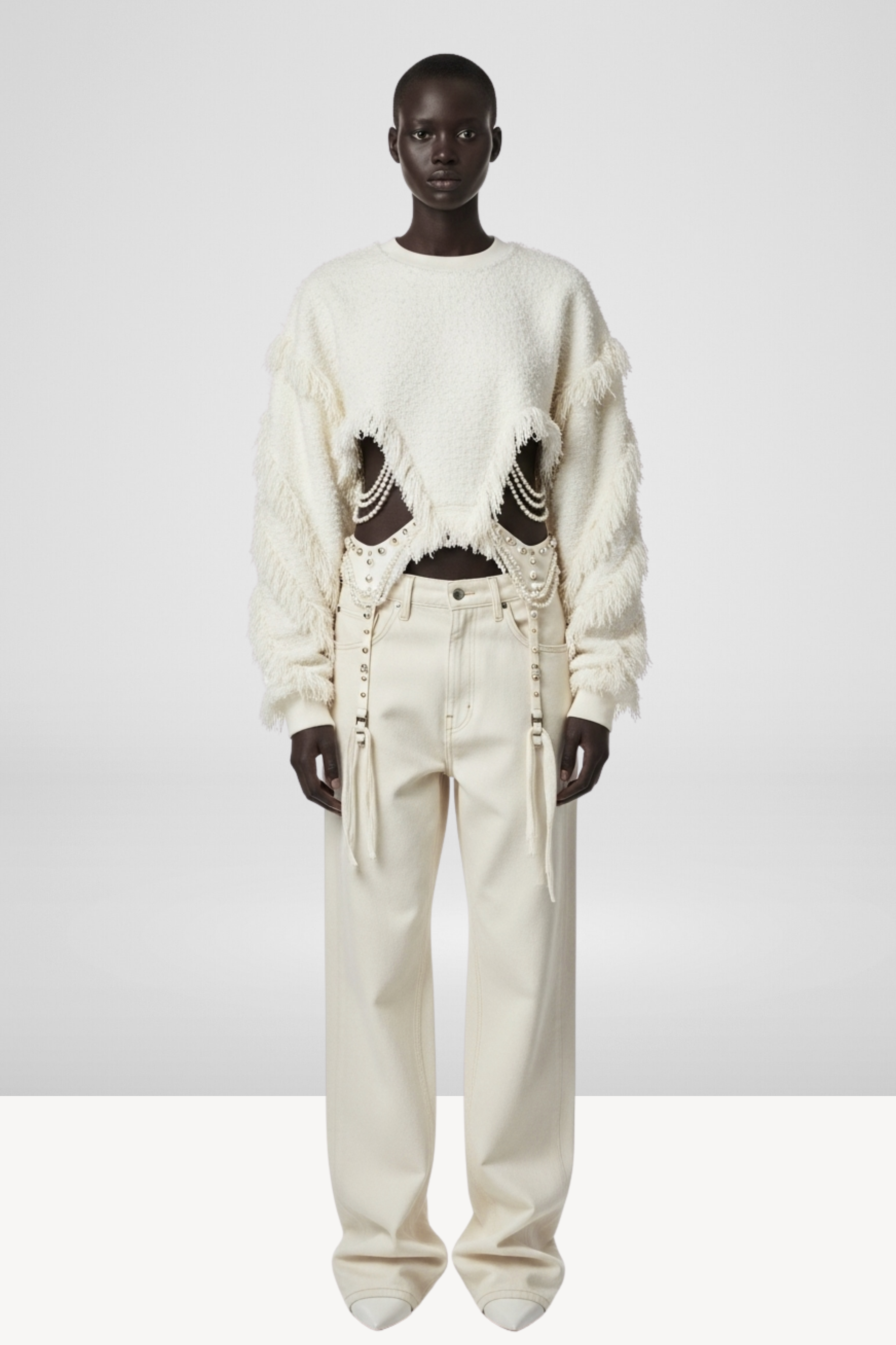 PEARL-STRAP FRINGE SWEATSHIRT