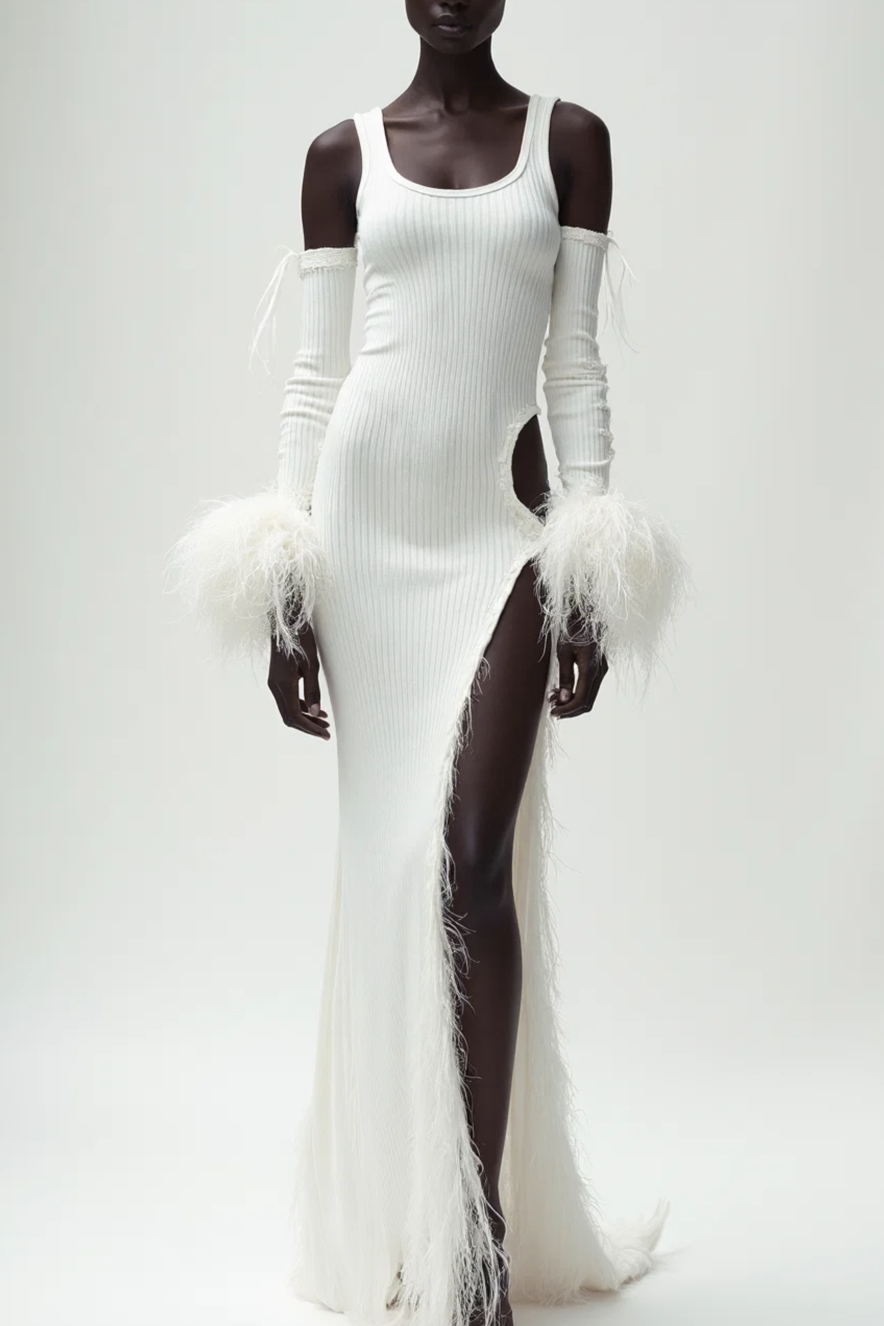 FEATHER-CUFF CUT-OUT MAXI DRESS