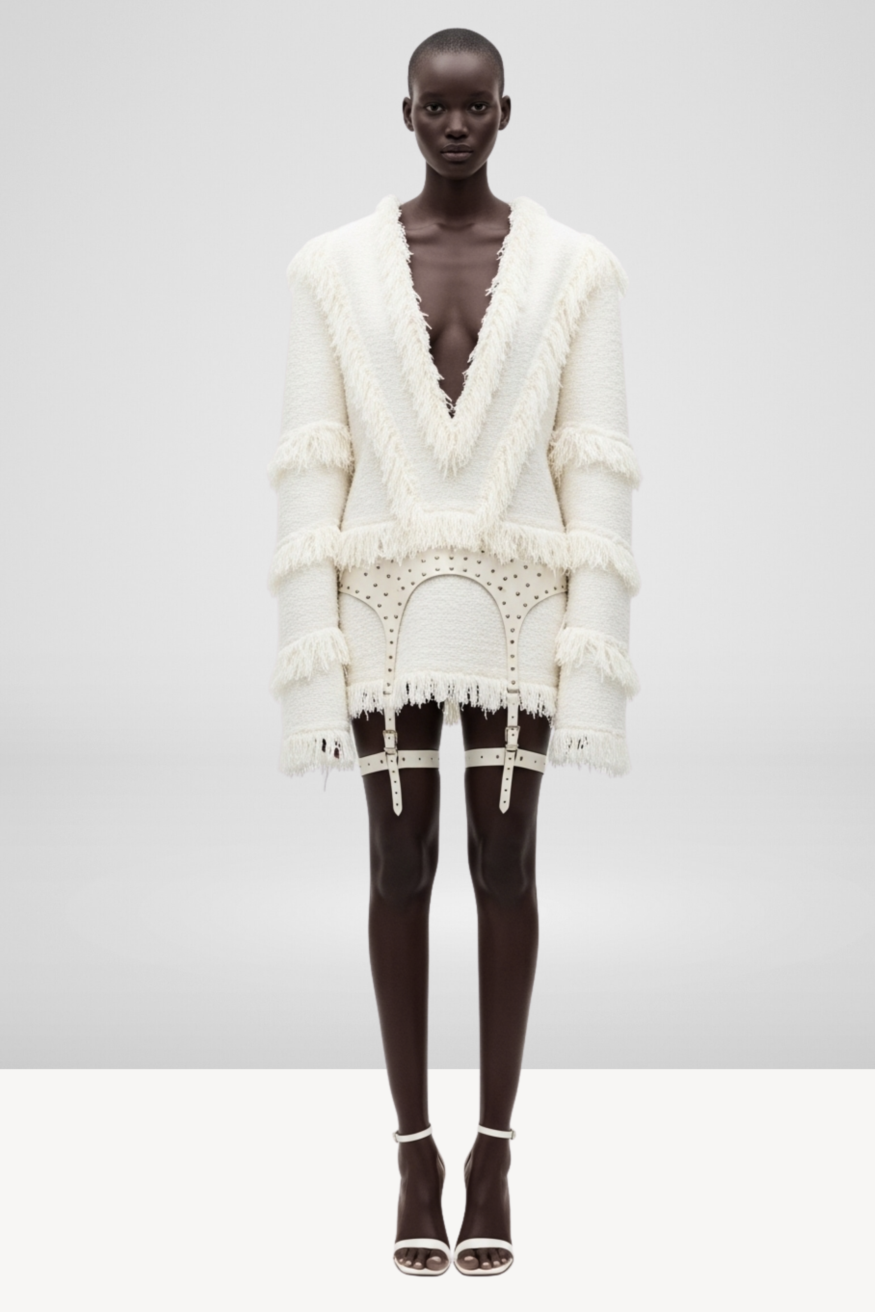 FRINGE BOUCLÉ MINI DRESS WITH HARNESS