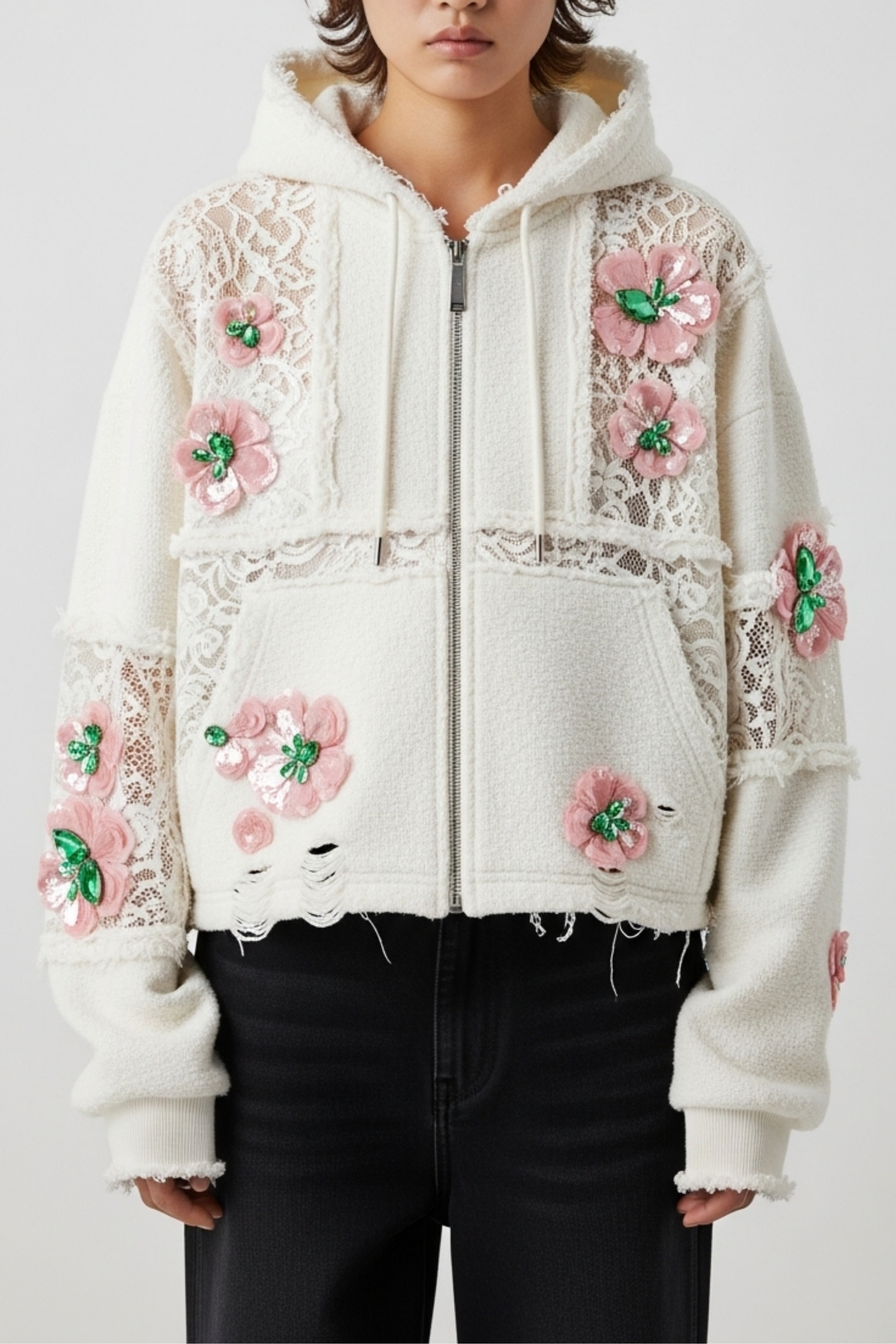 WHITE FLORAL HOODIE