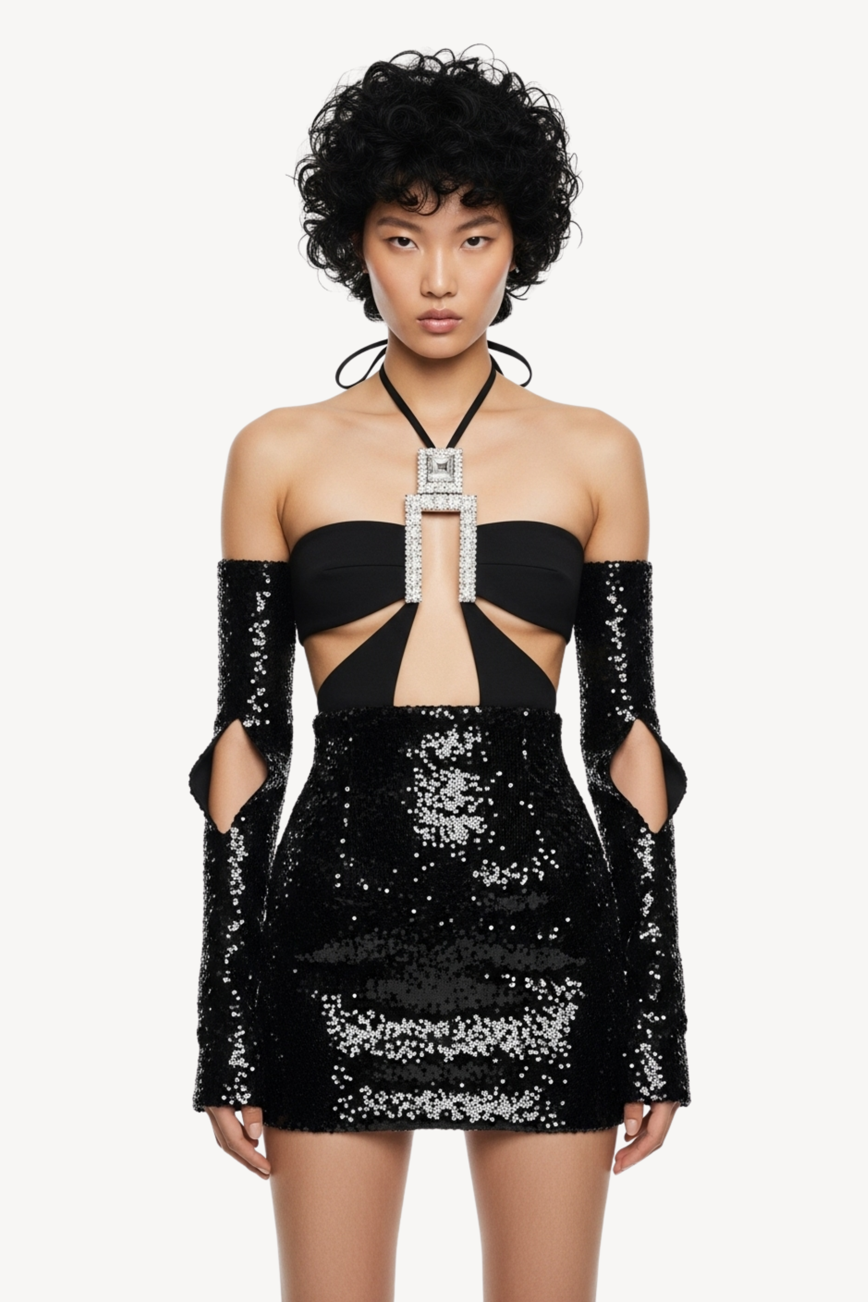 BLACK SEQUIN CUT-OUT MINI DRESS