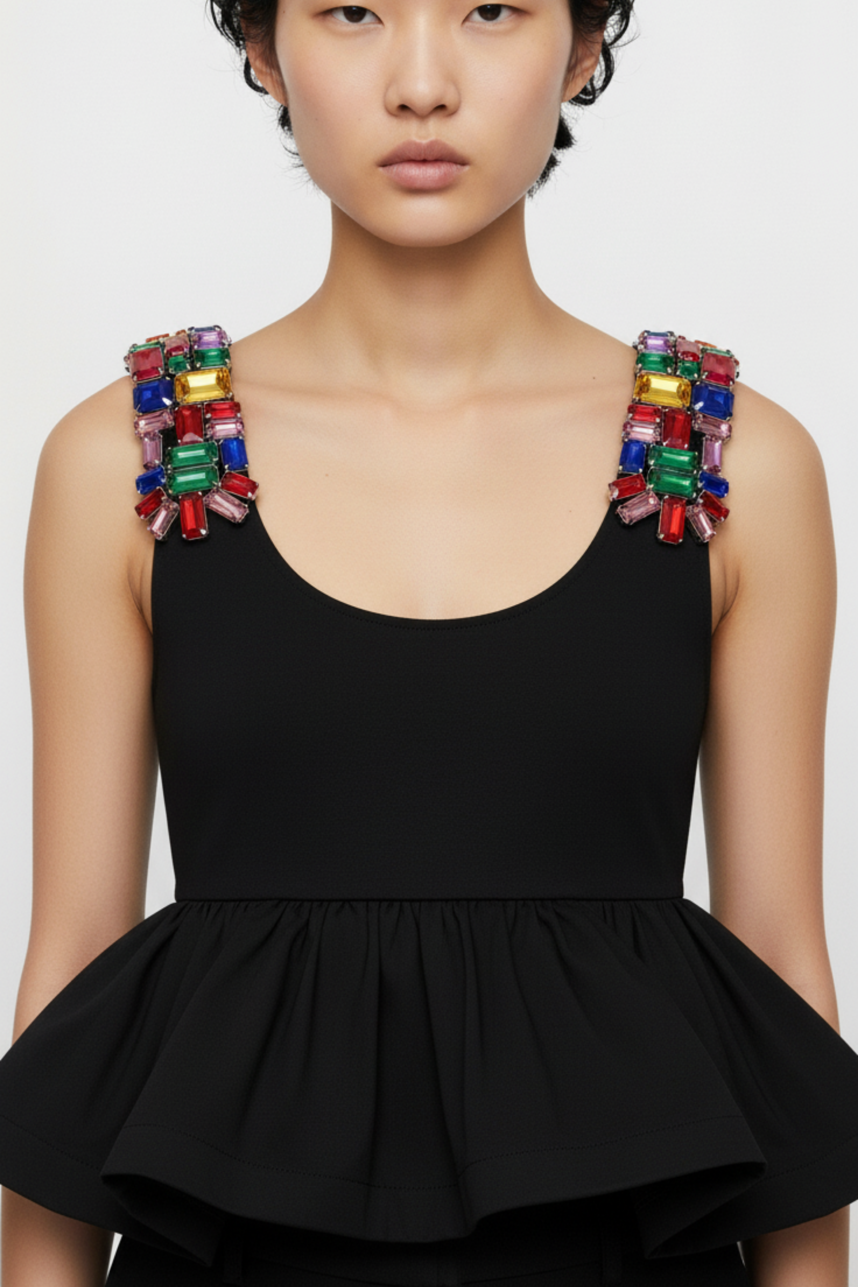 CRYSTAL-STRAP PEPLUM TOP
