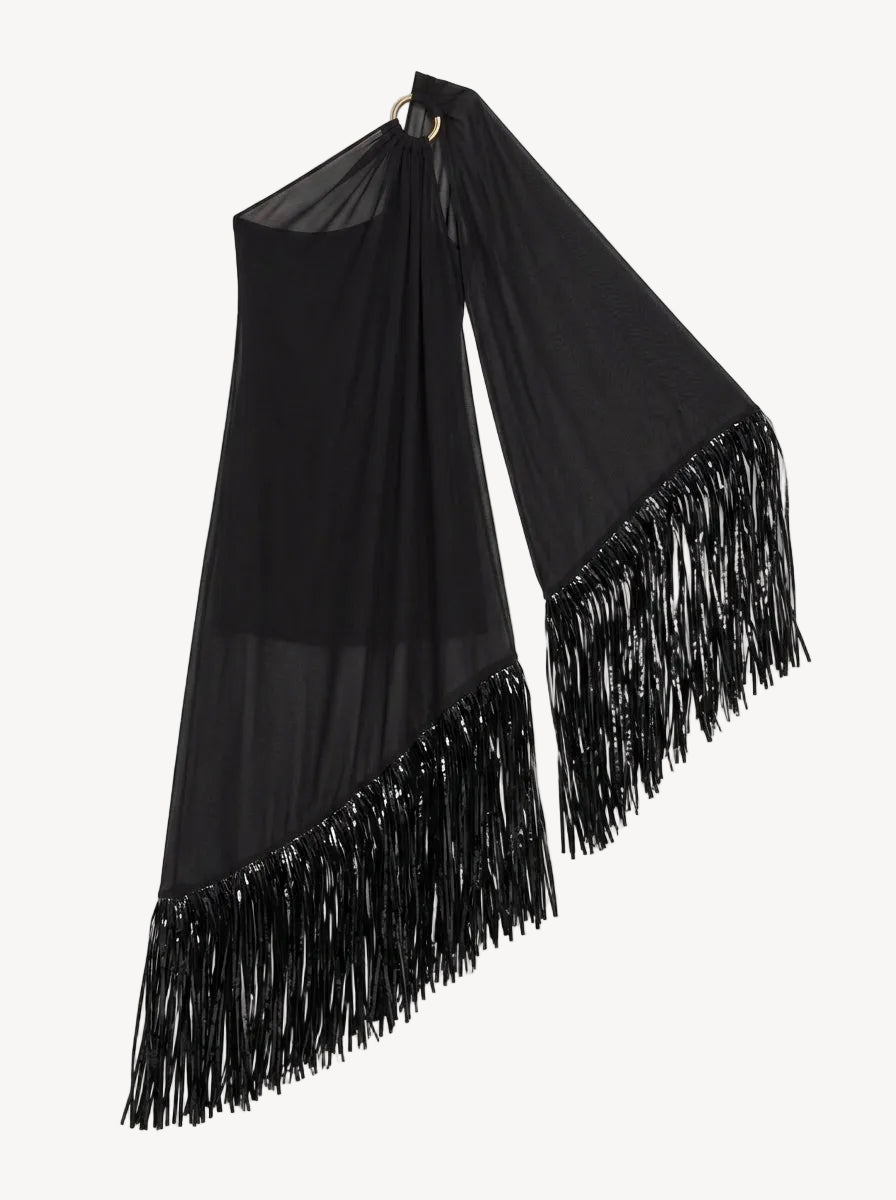 Black Fringe One-Shoulder Dress