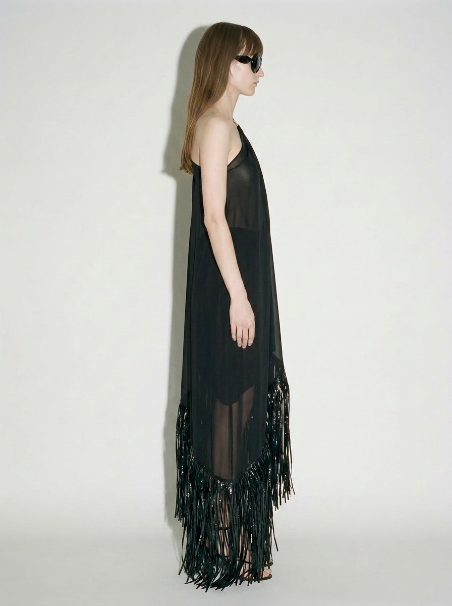 Black Fringe One-Shoulder Dress