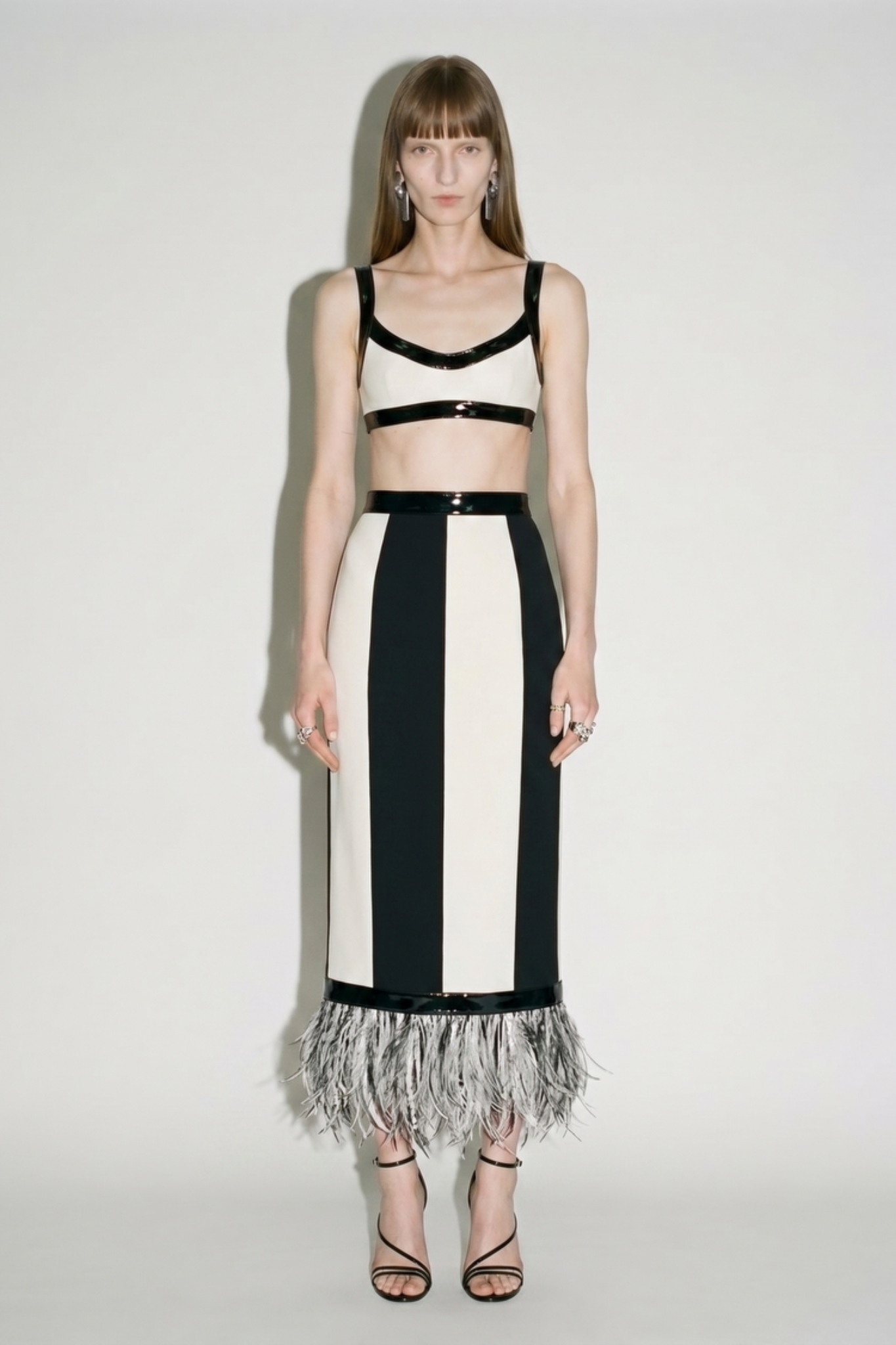 Black and ivory striped feather trim midi skirt styled on model