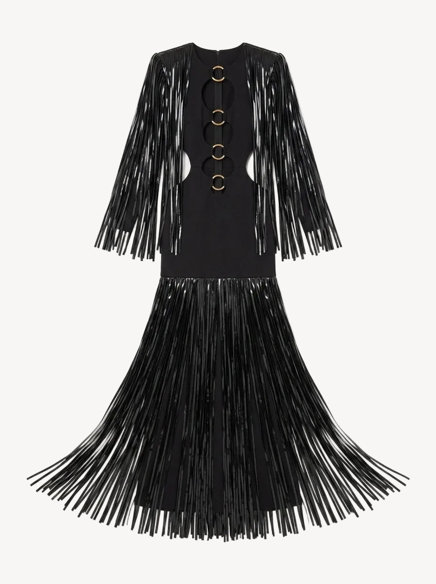 Black fringe dress with long sleeves on a white background
