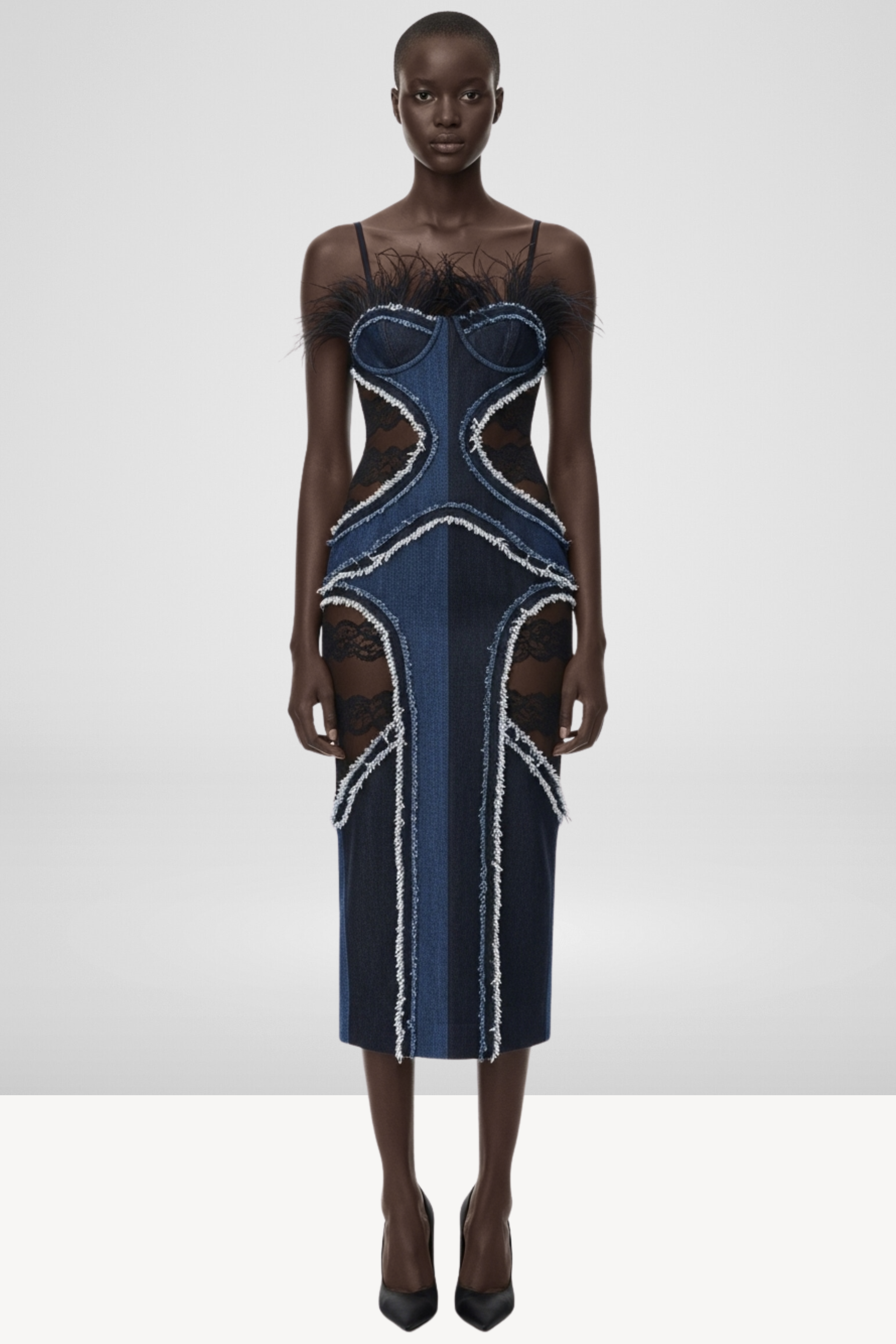 DENIM AND LACE FEATHER DRESS