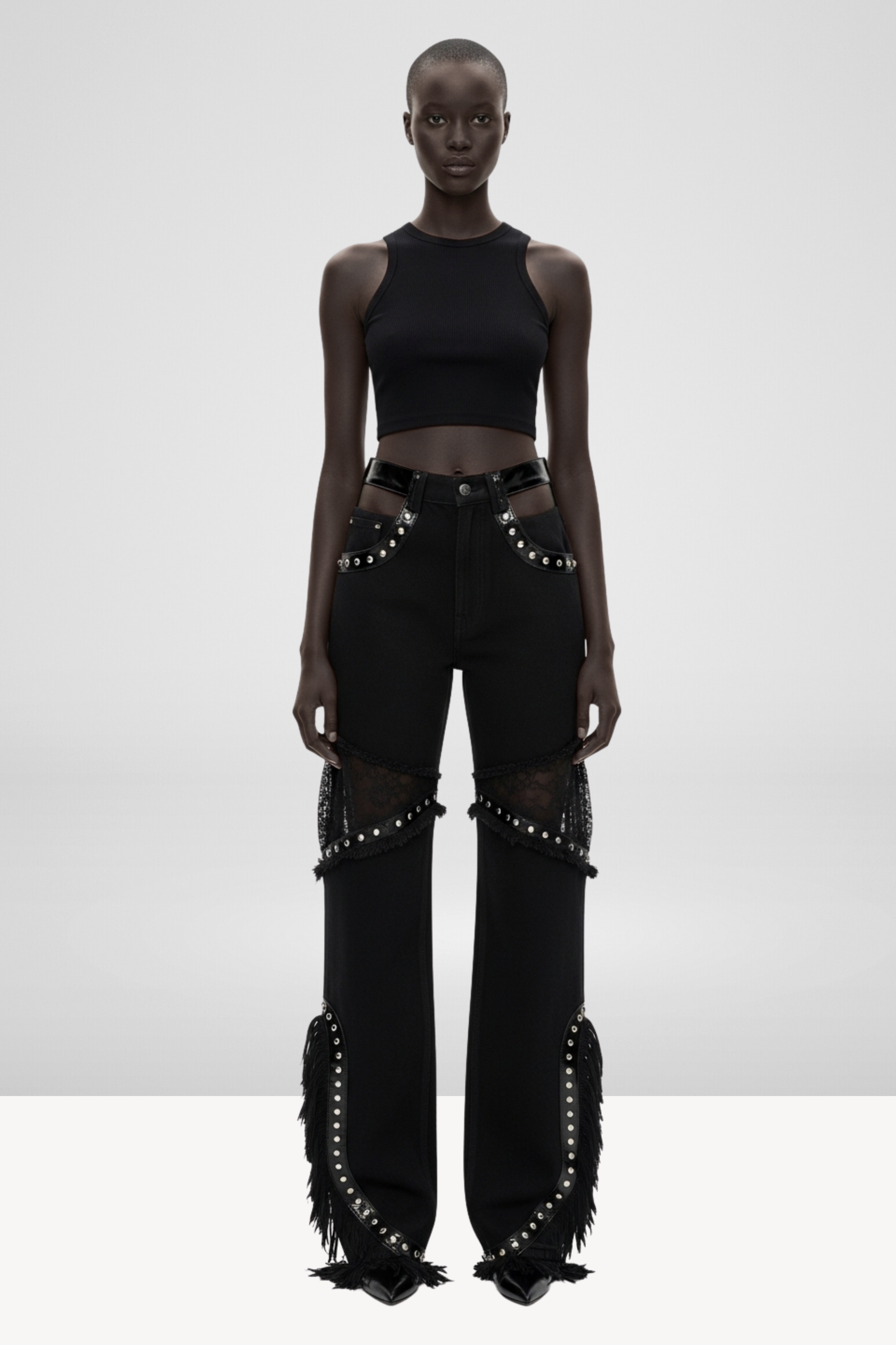 DENIM LACE-INSERT JEANS