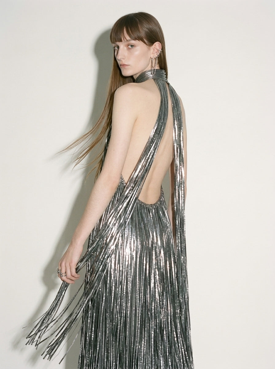 Silver Liquid Fringe Maxi Dress