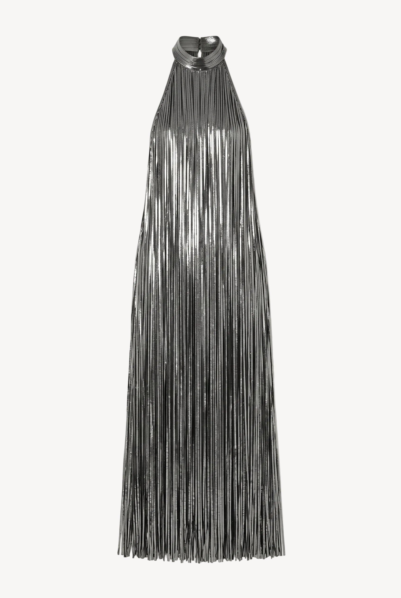 Silver Liquid Fringe Maxi Dress