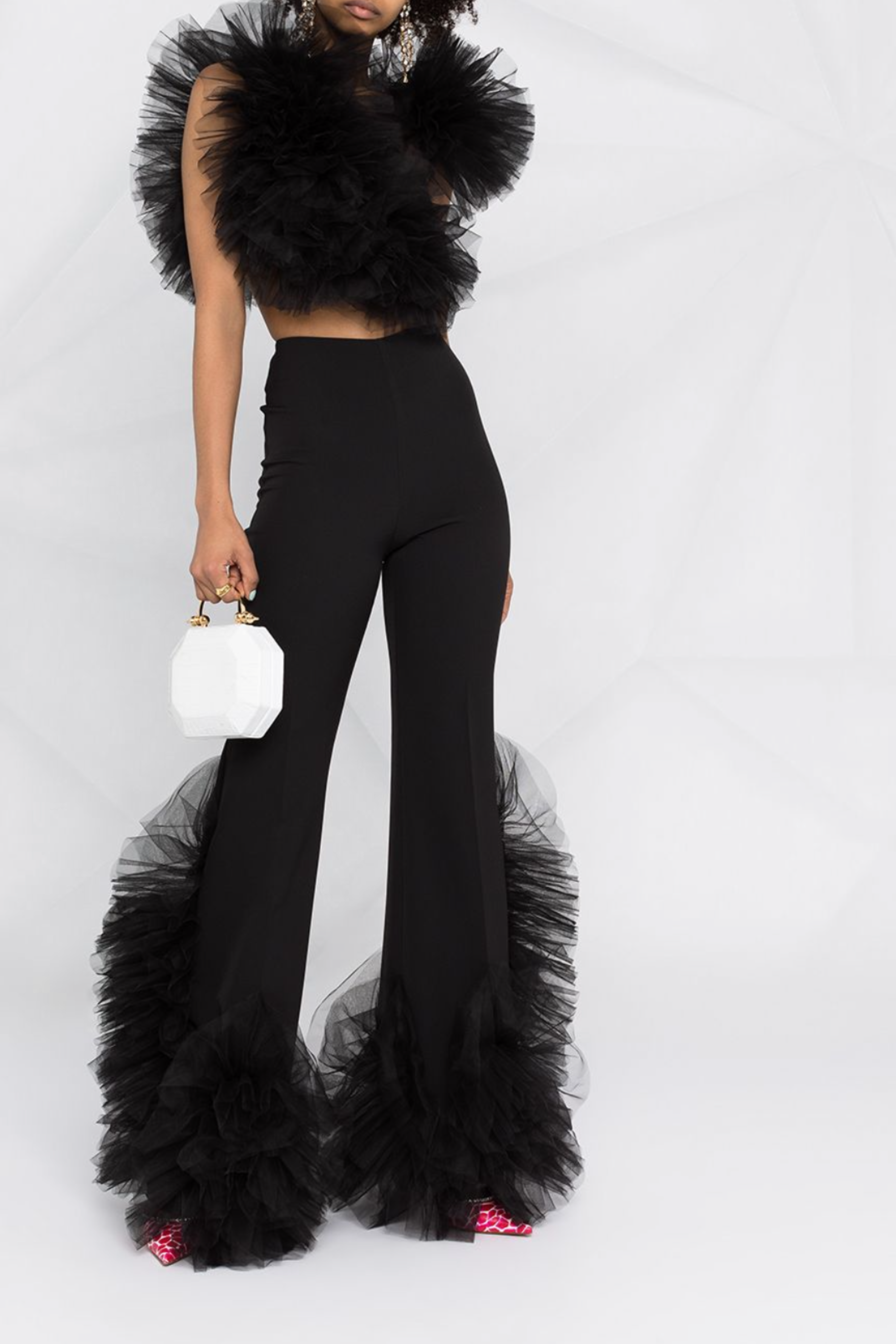 FLARED CRÊPE PANTS WITH TULLE HEM