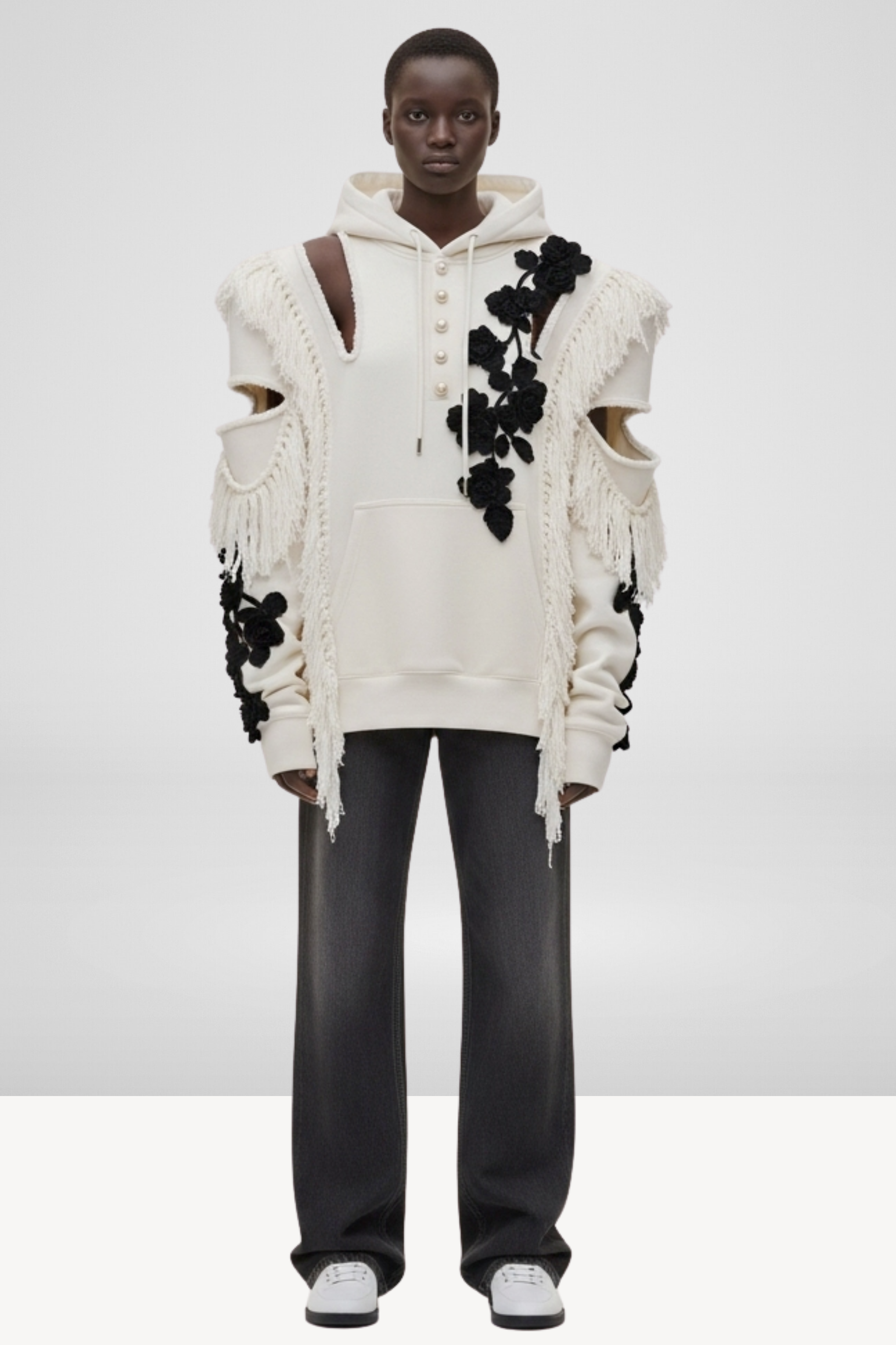 FRINGE & FLORAL-APPLIQUÉ HOODIE