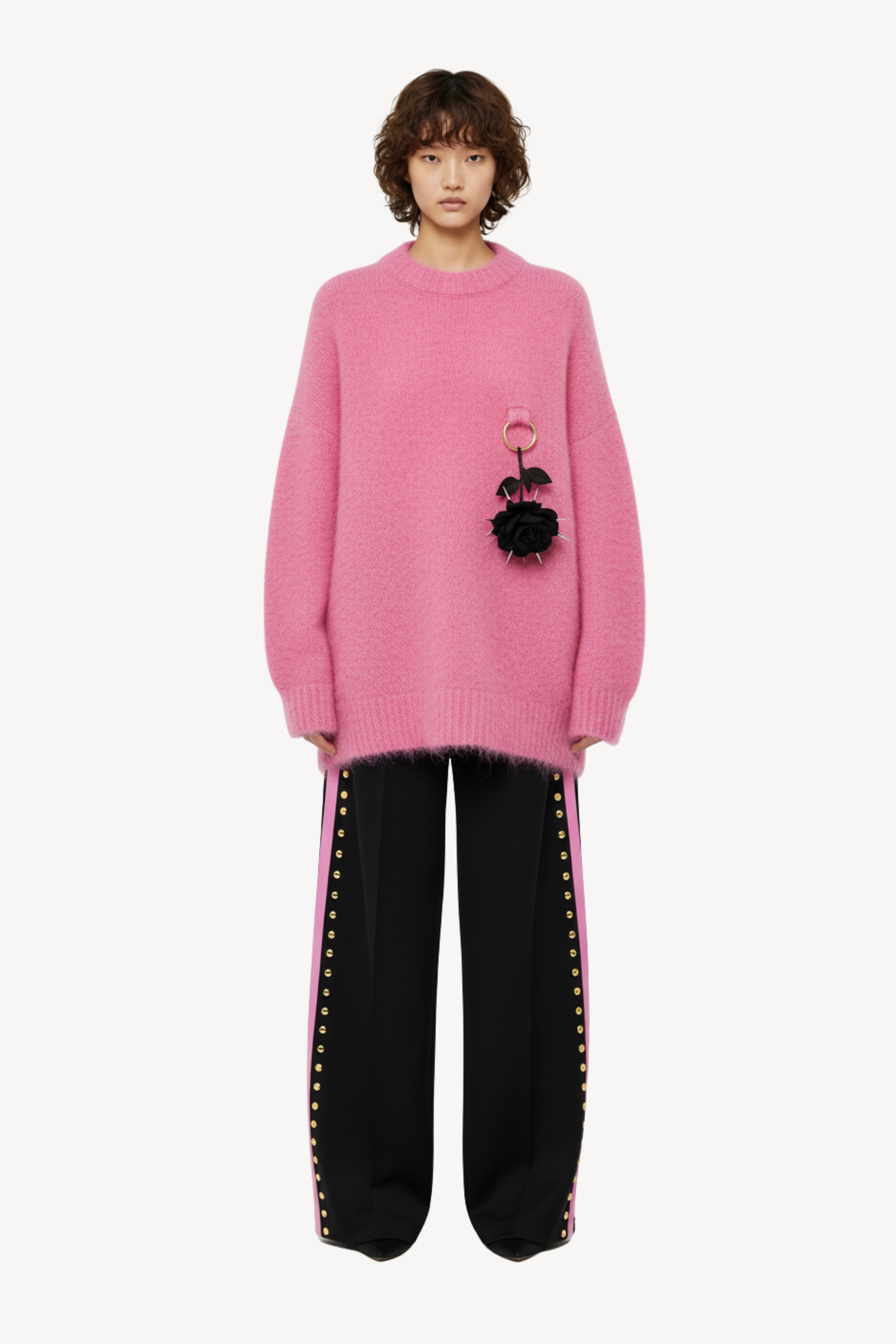 MOHAIR-BLEND SWEATER WITH FLORAL PENDANT IN PINK