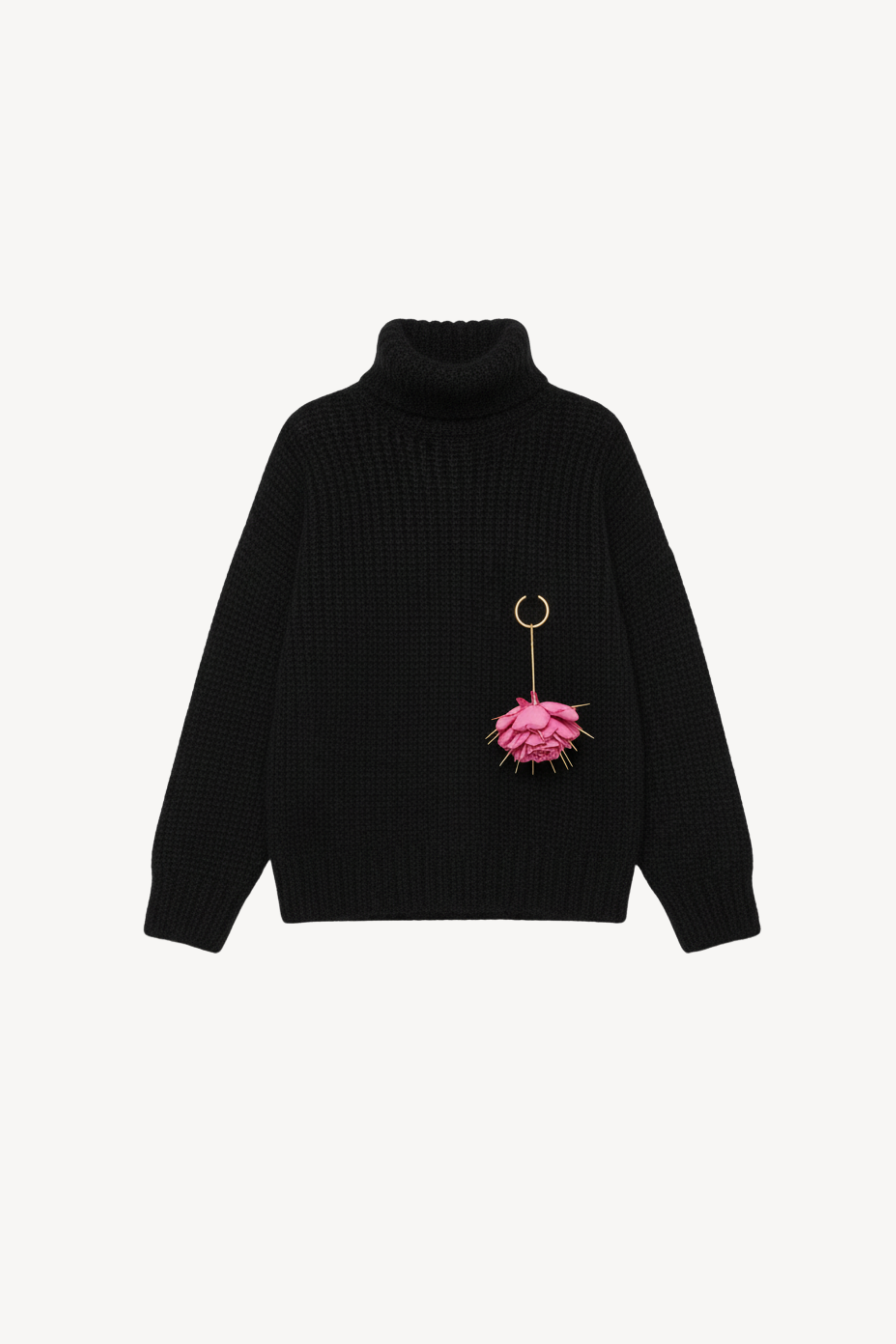 WOOL TURTLENECK SWEATER WITH FLORAL PENDANT IN BLACK