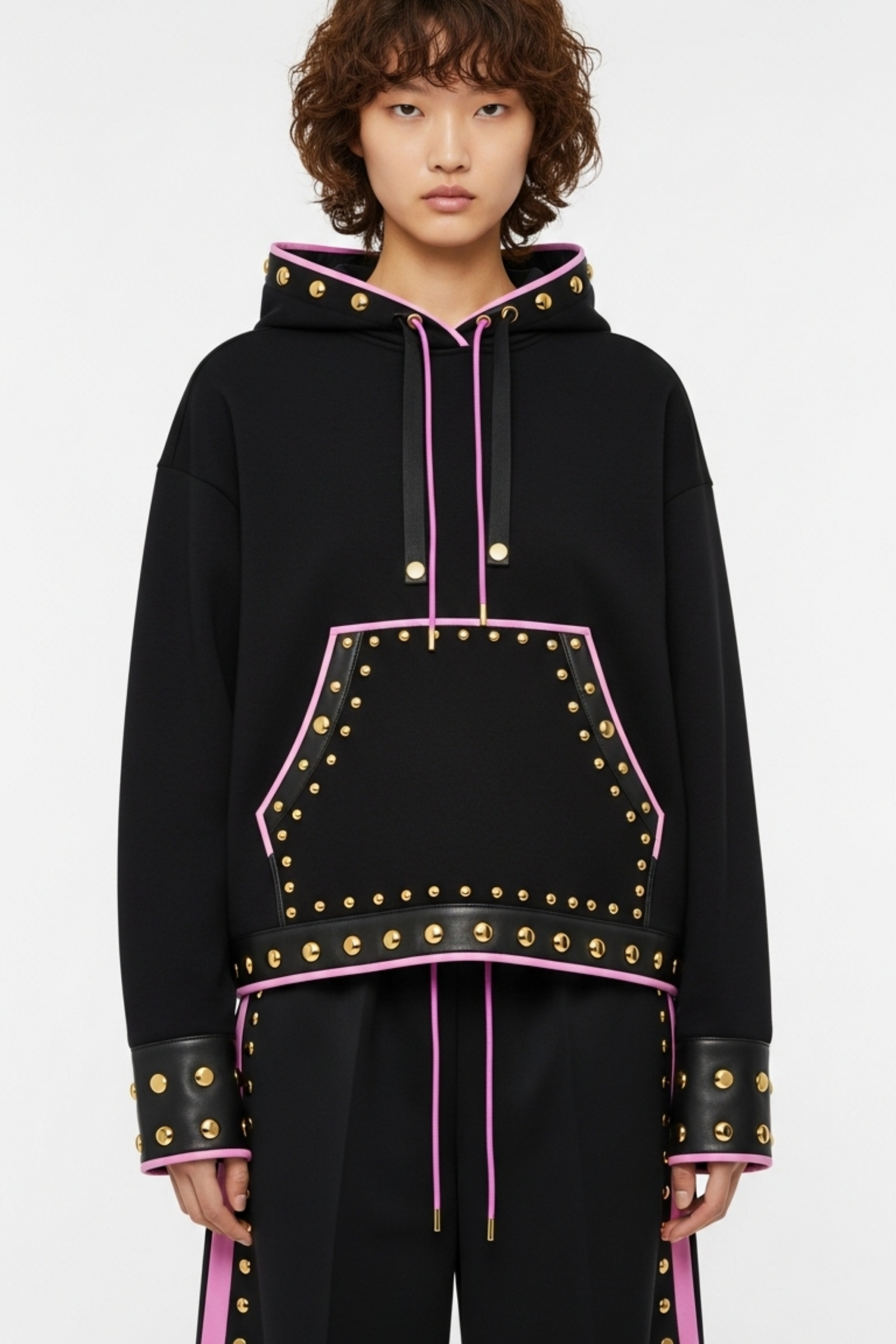 STUDDED HOODIE WITH PINK TRIM