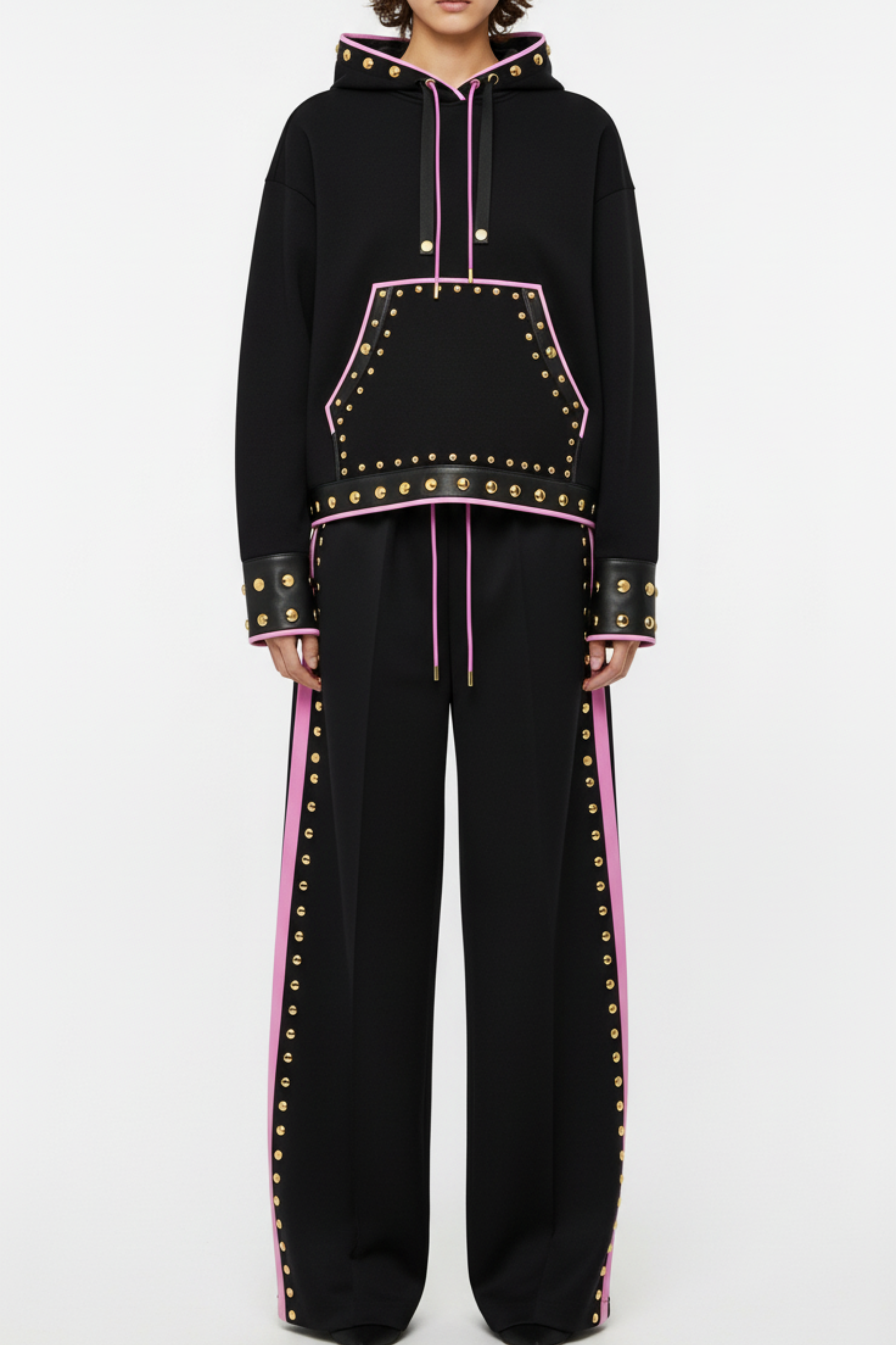 STUDDED TRACK TROUSERS WITH LEATHER WAISTBAND