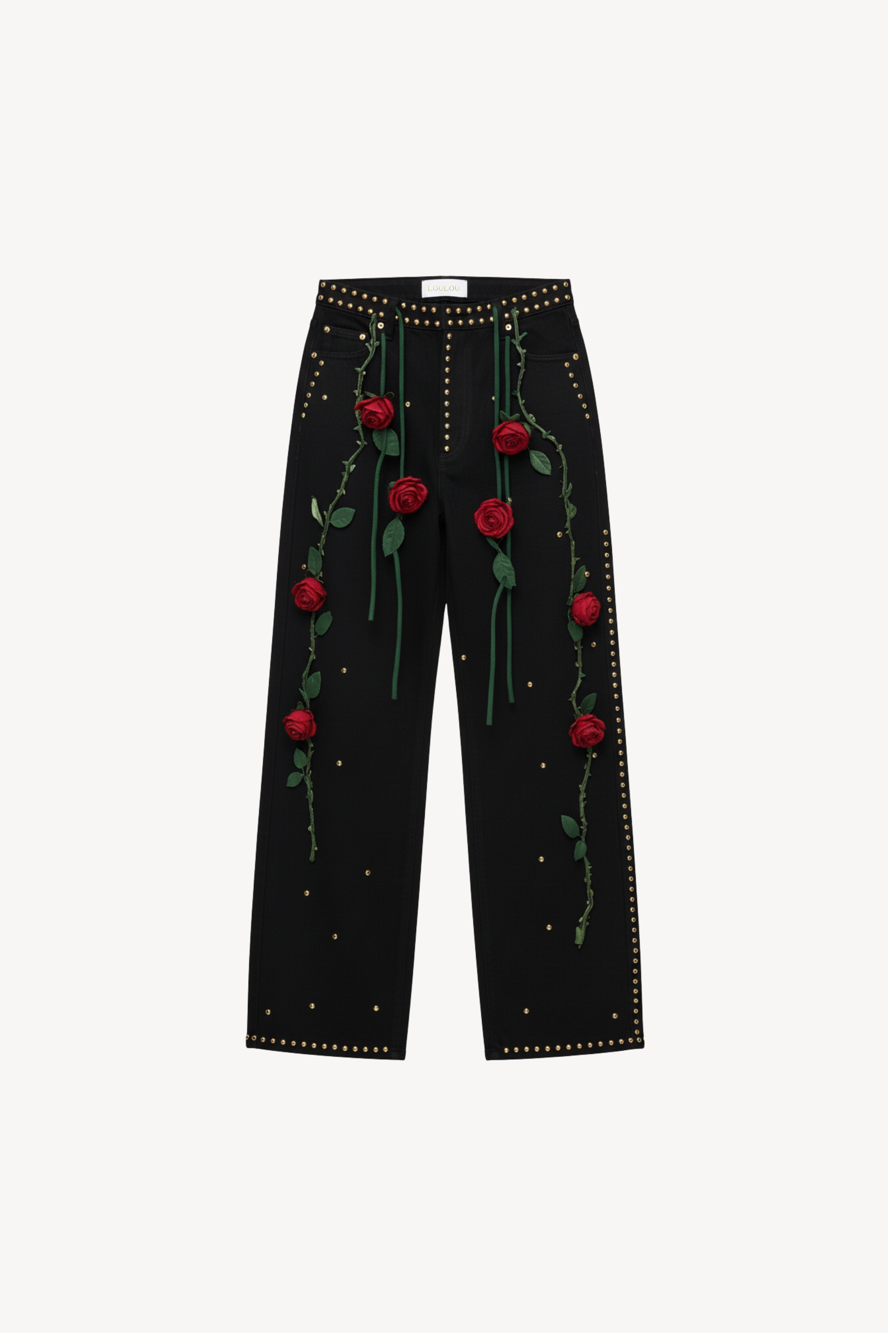 BLACK STUDDED ROSE DENIM TROUSERS