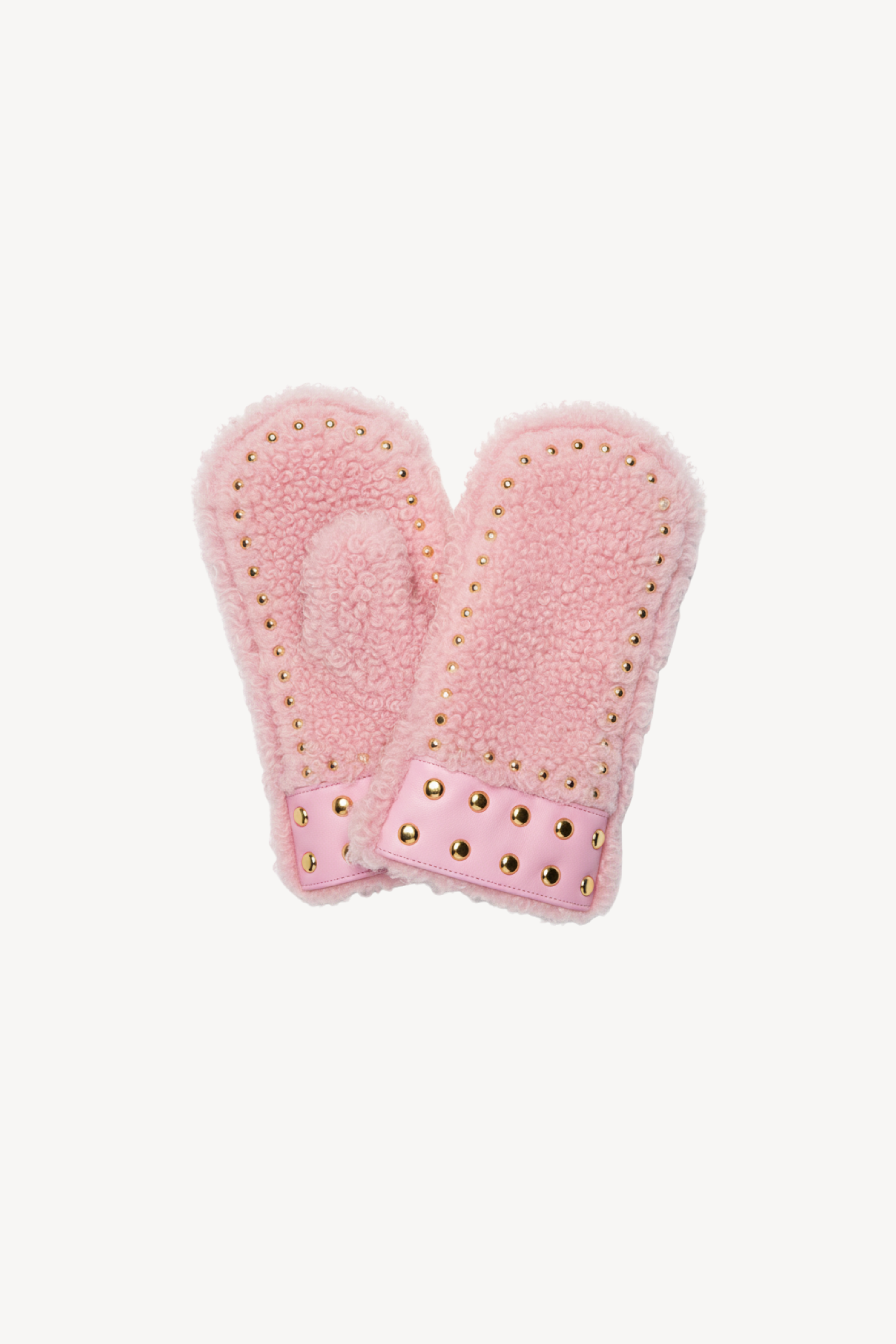 STUDDED PINK SHEARLING MITTENS