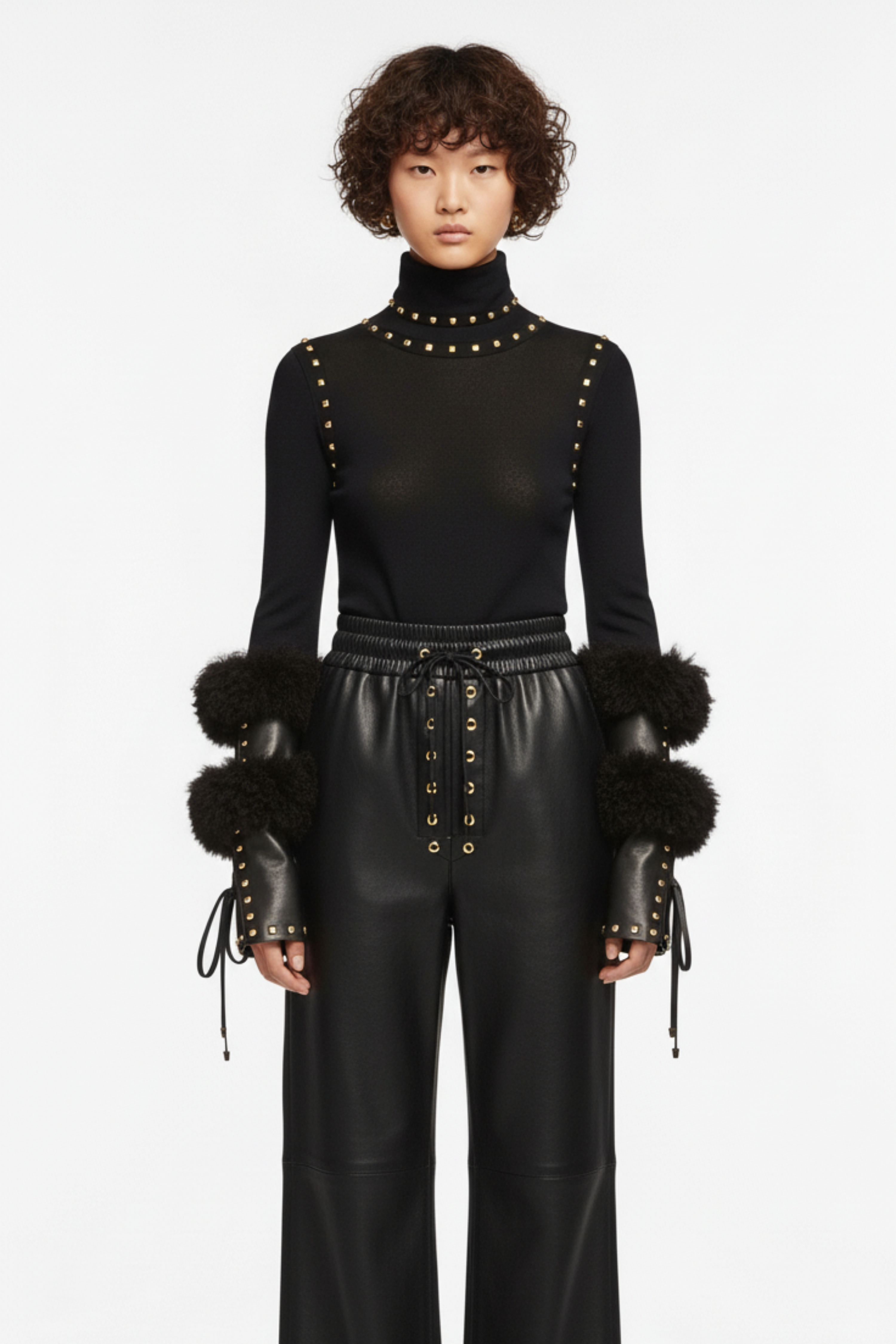 JERSEY TURTLENECK TOP WITH STUDDED DETAILING IN BLACK