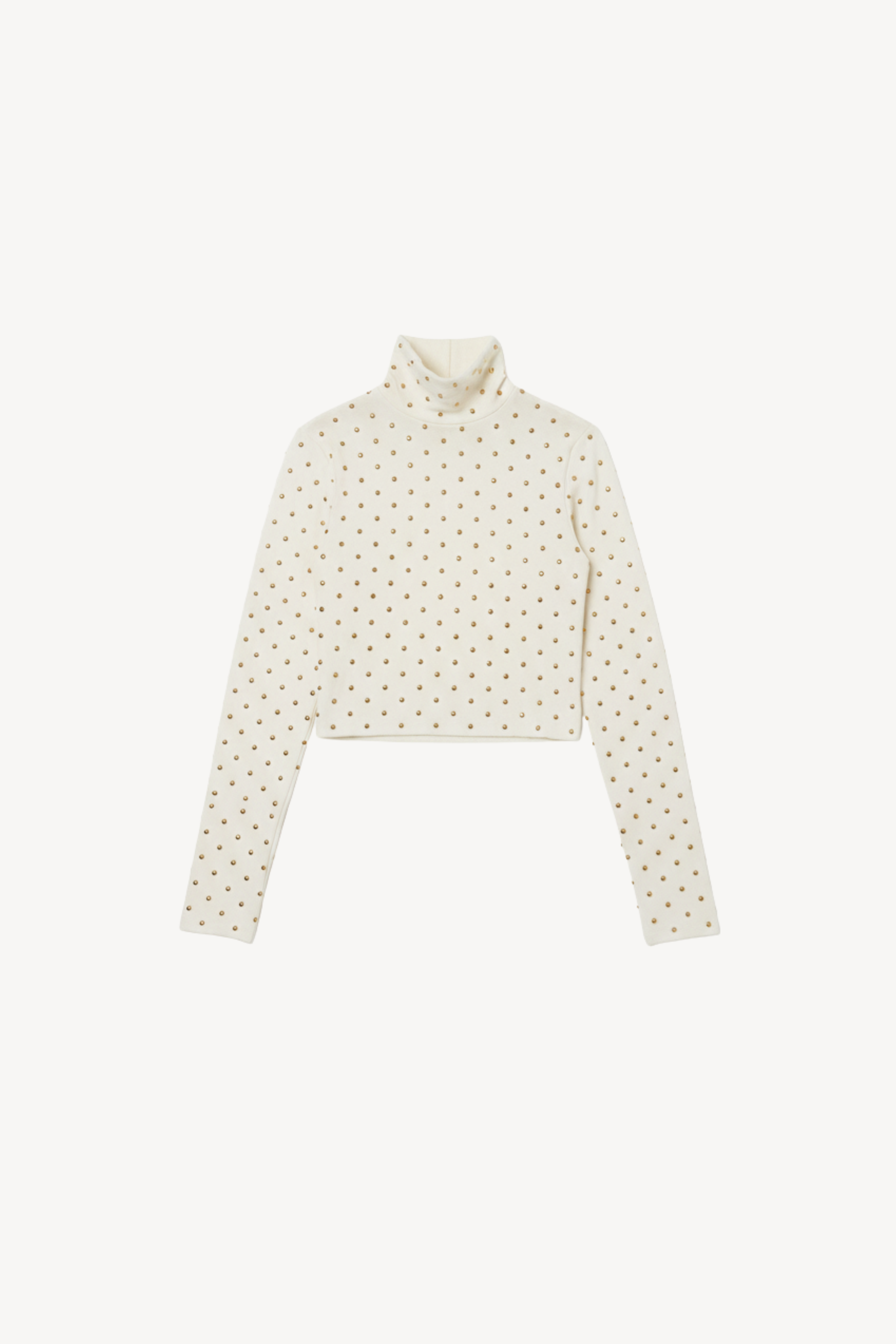 STRETCH JERSEY TURTLENECK TOP WITH GOLD STUDS IN IVORY