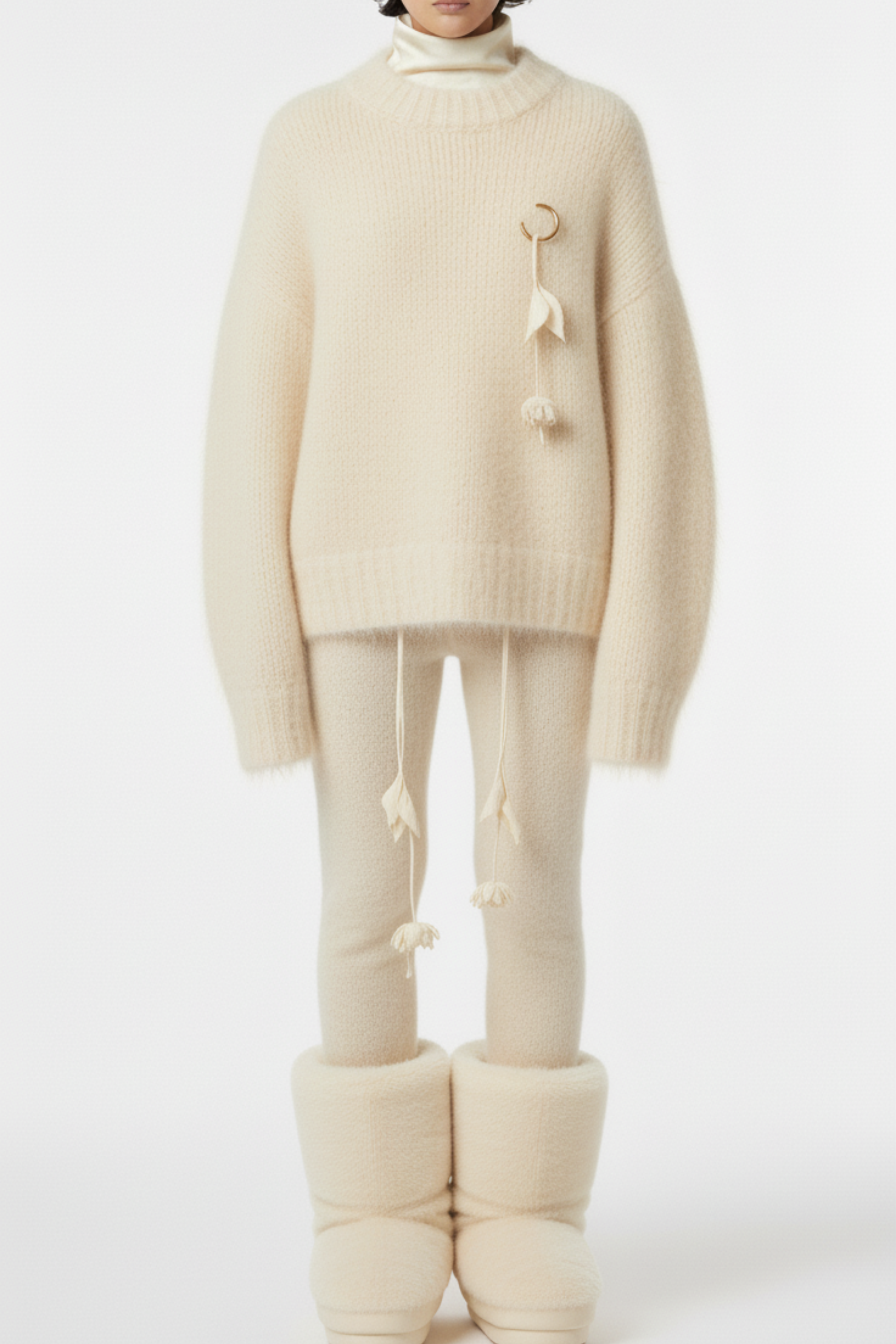 MOHAIR-BLEND SWEATER WITH FLORAL PENDANT IN IVORY