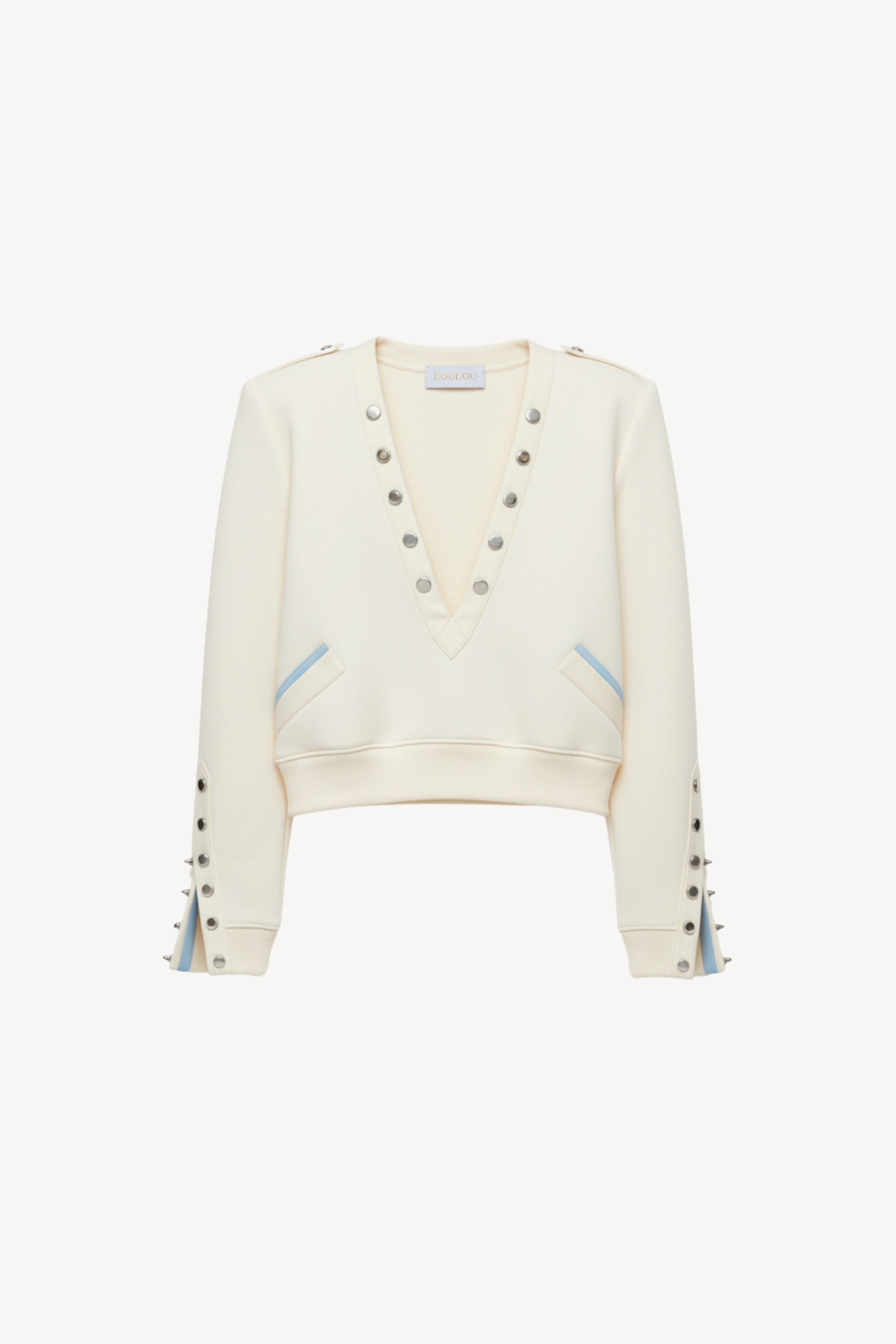 IVORY DEEP V SWEATSHIRT WITH SILVER STUDS
