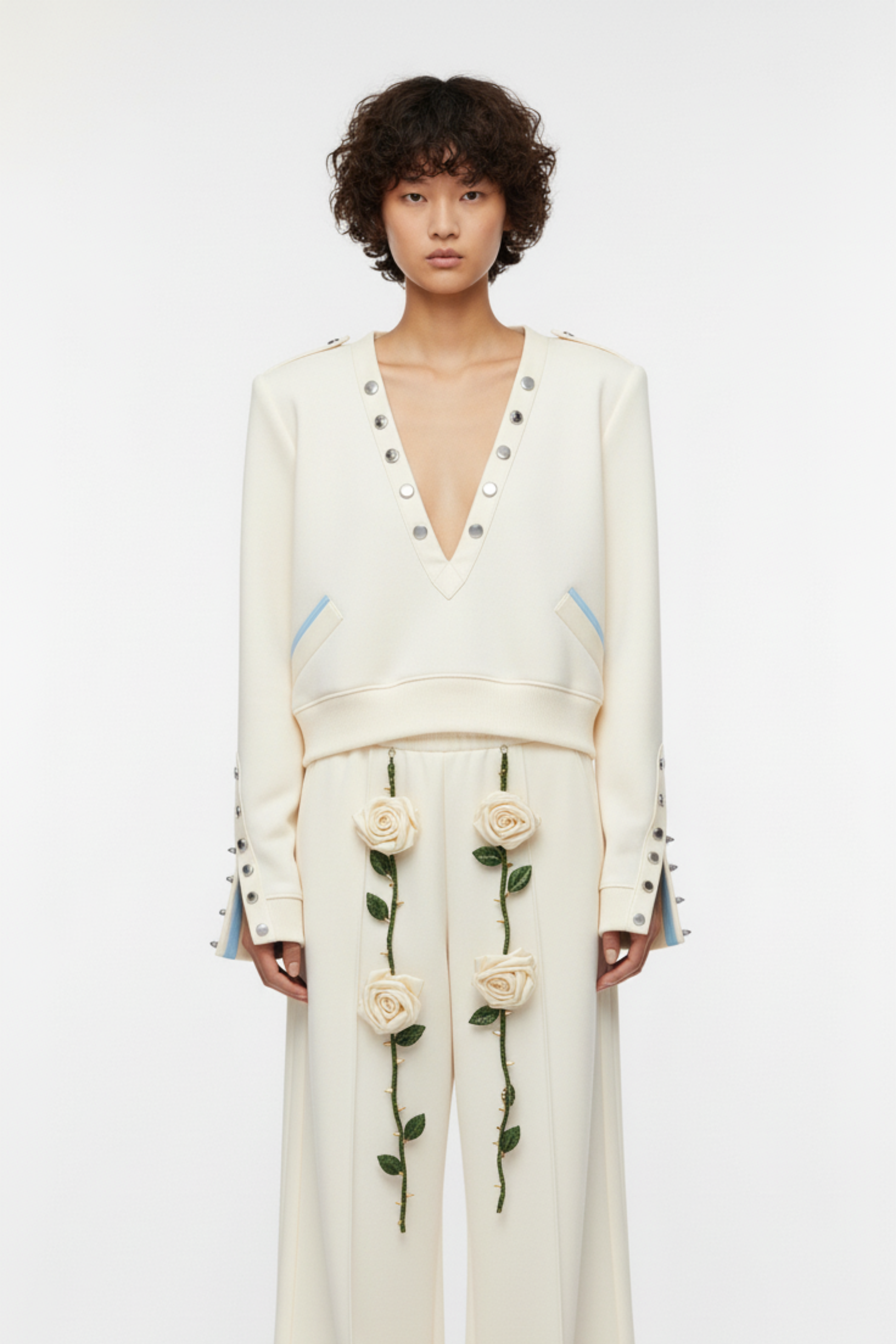 IVORY DEEP V SWEATSHIRT WITH SILVER STUDS