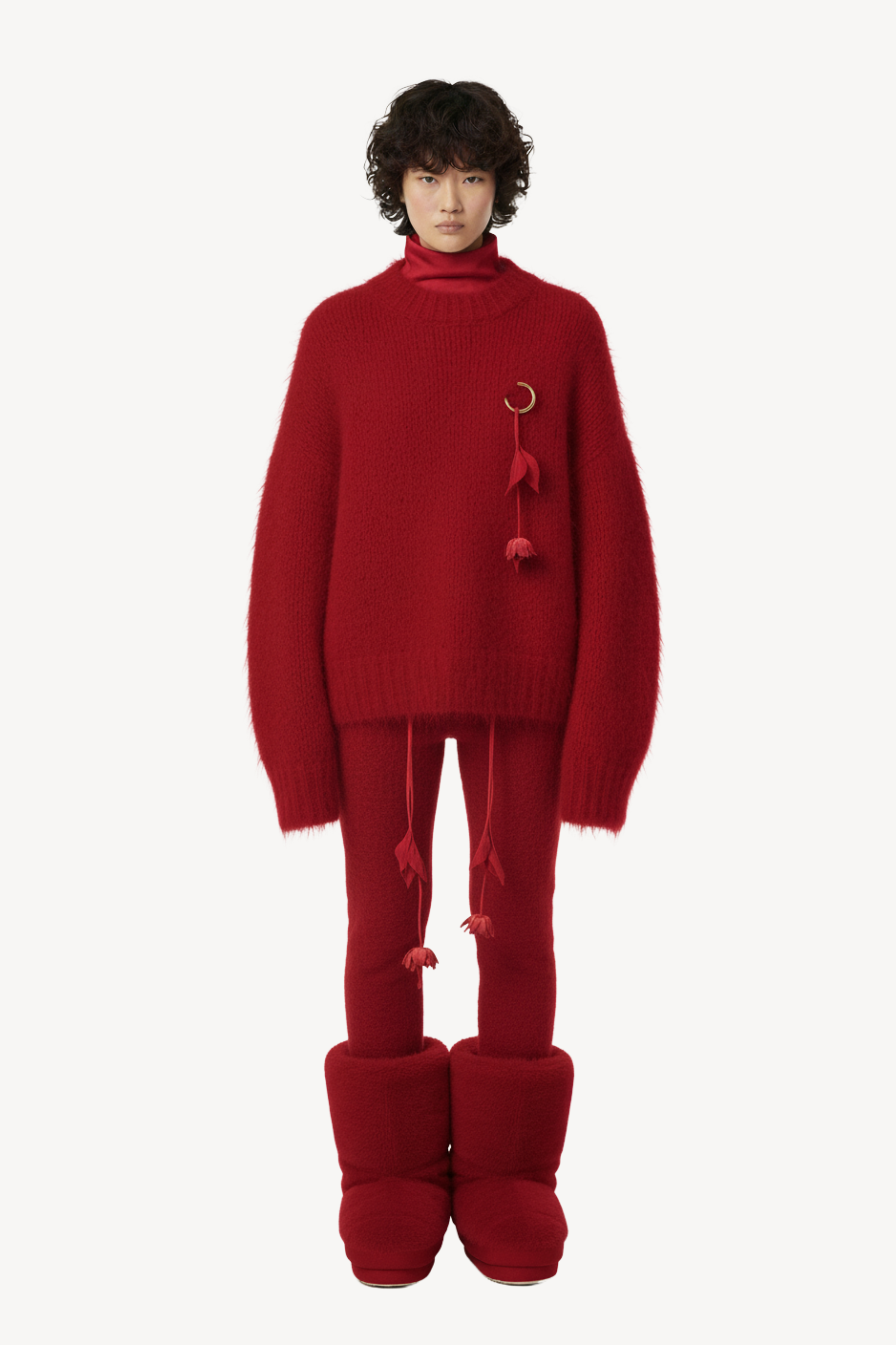 MOHAIR-BLEND SWEATER WITH FLORAL PENDANT IN RED