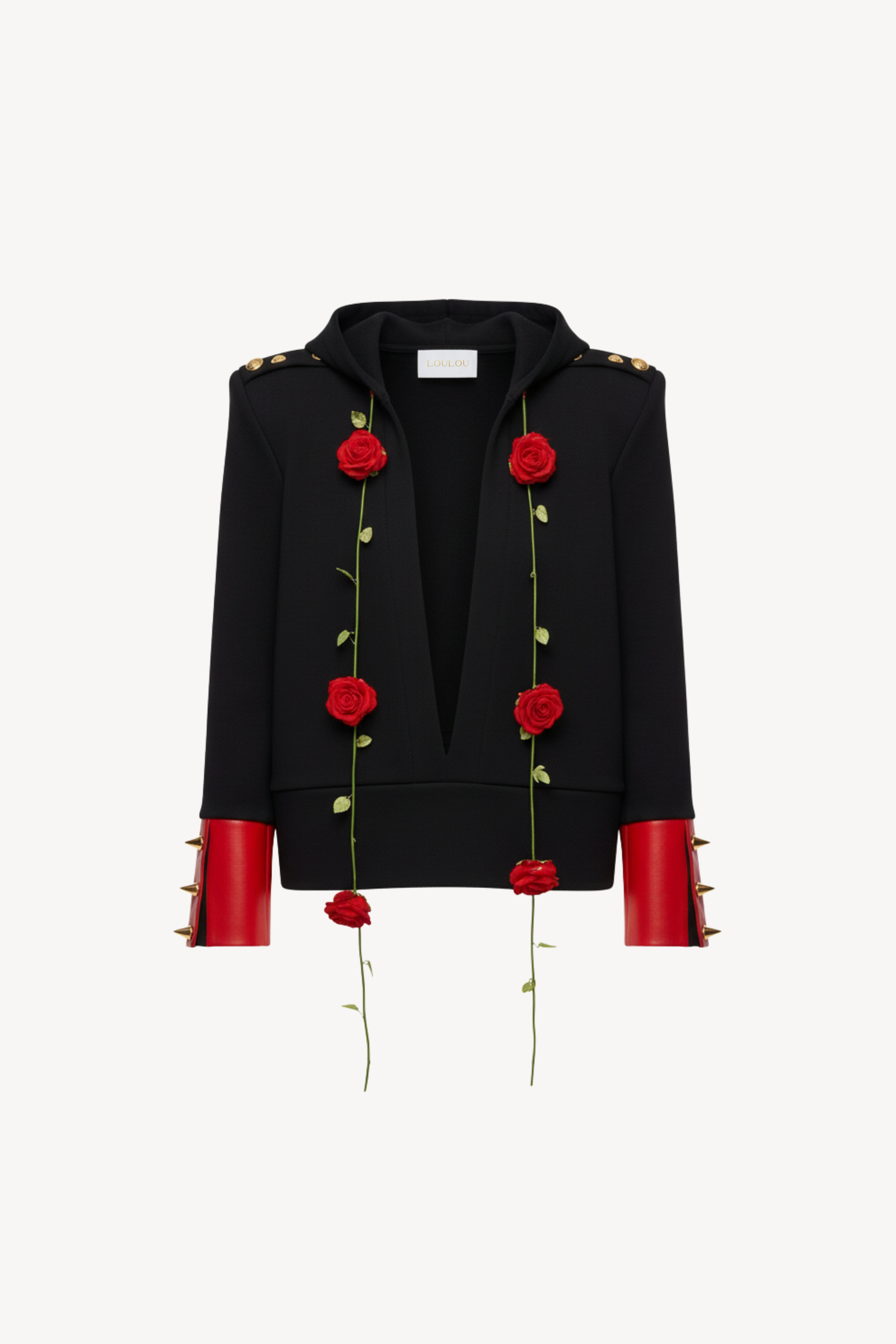 ROSE-EMBELLISHED HOODED SWEATSHIRT IN BLACK
