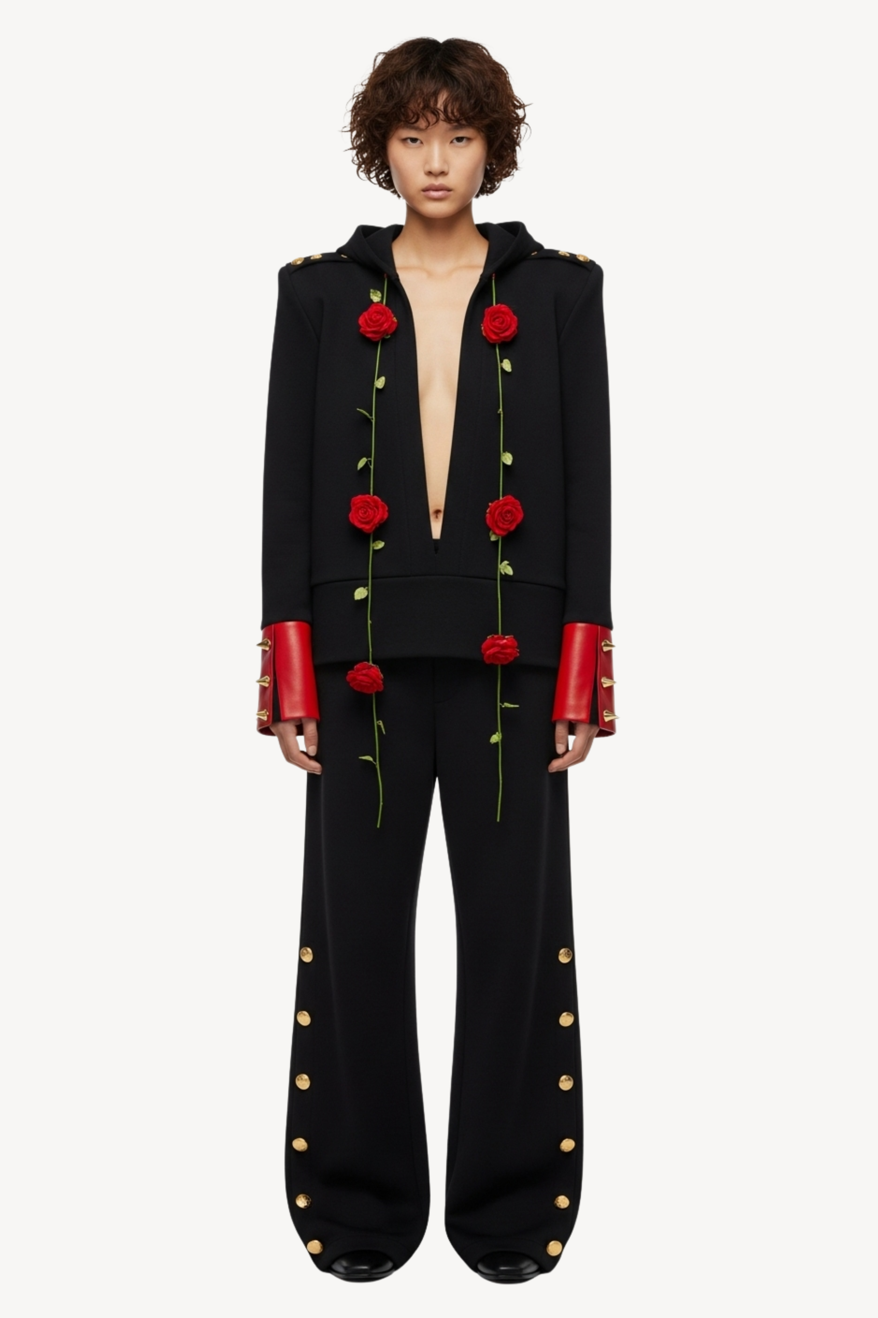 ROSE-EMBELLISHED HOODED SWEATSHIRT IN BLACK