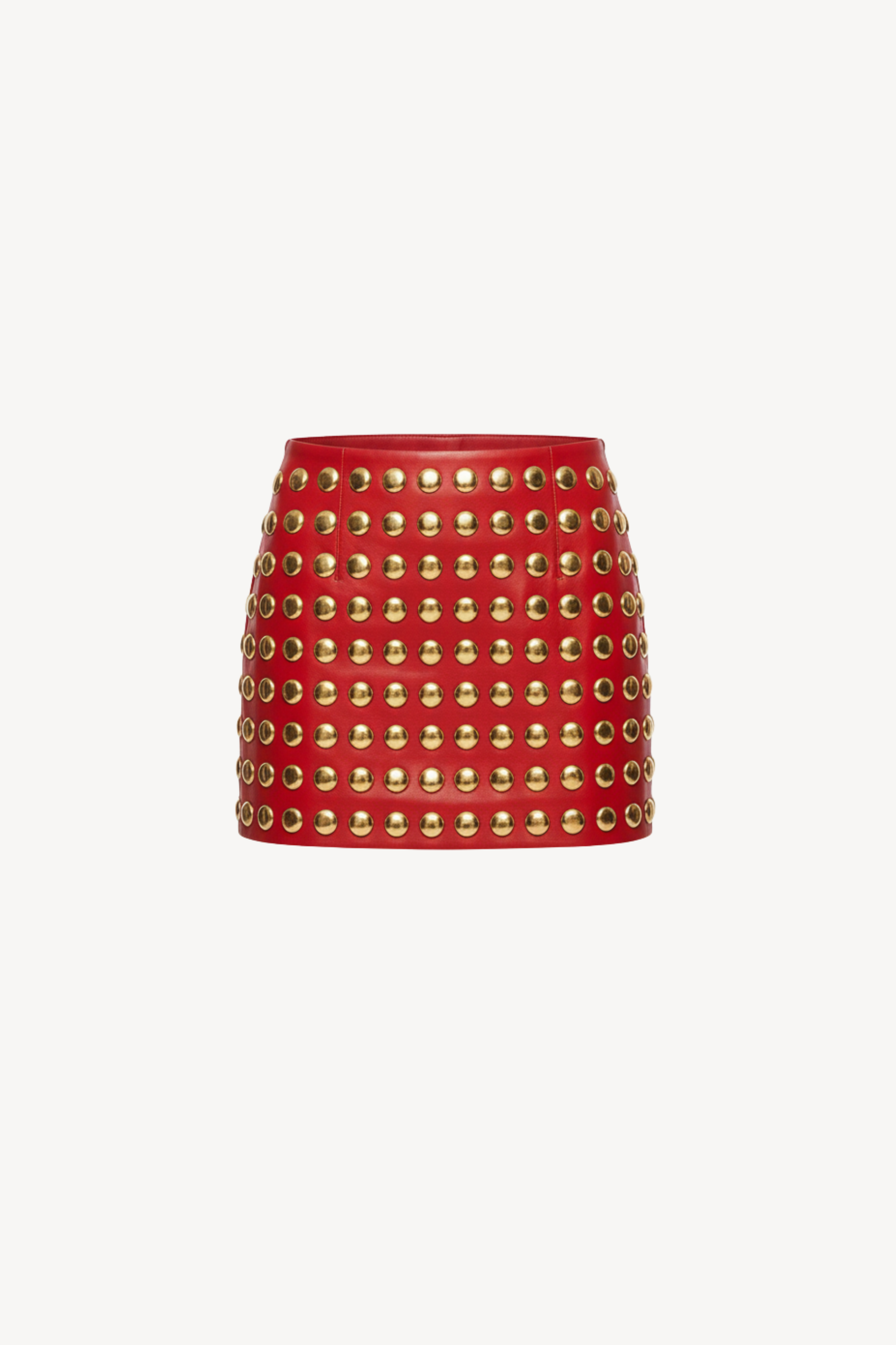 RED STUDDED LEATHER MINI SKIRT