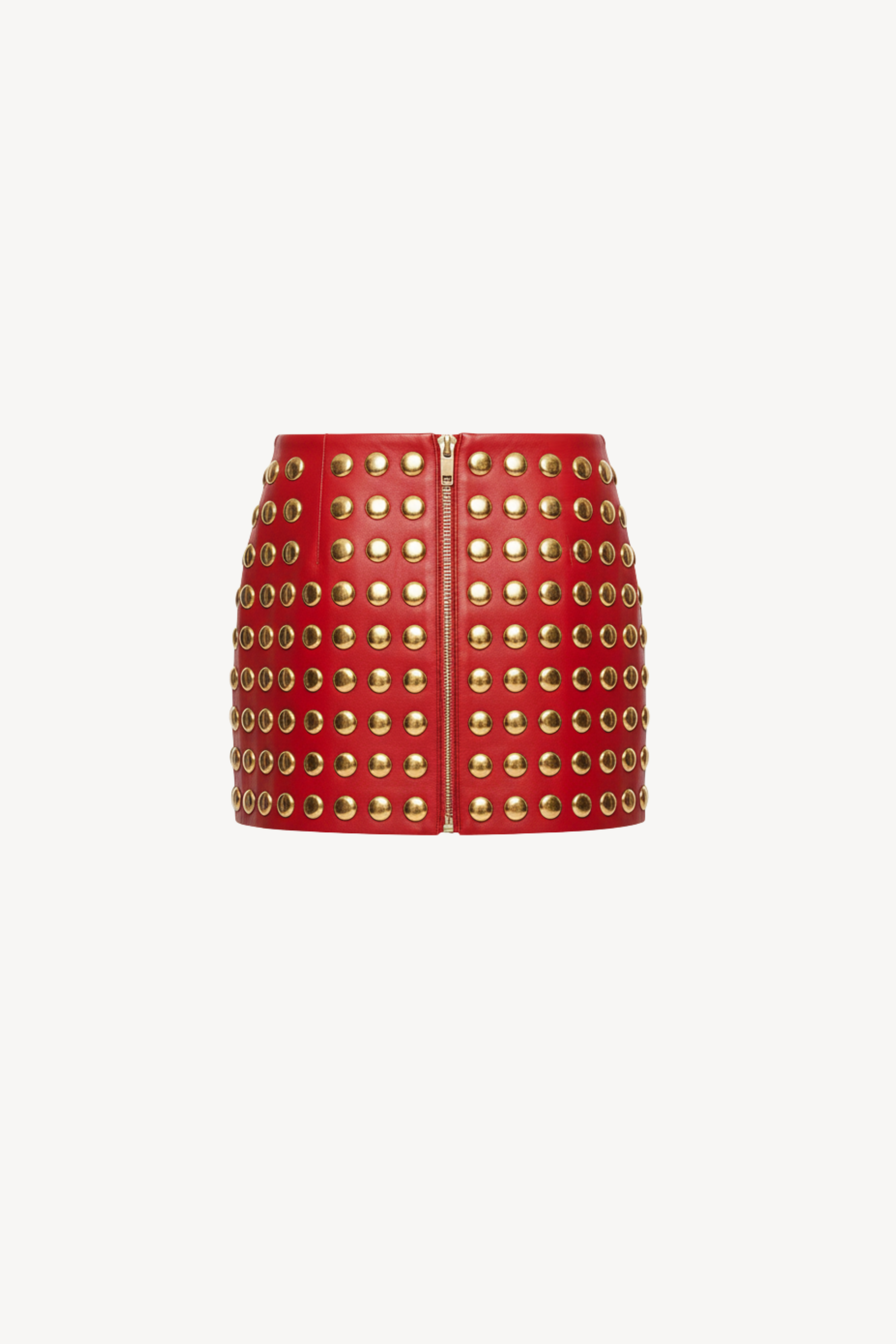 RED STUDDED LEATHER MINI SKIRT