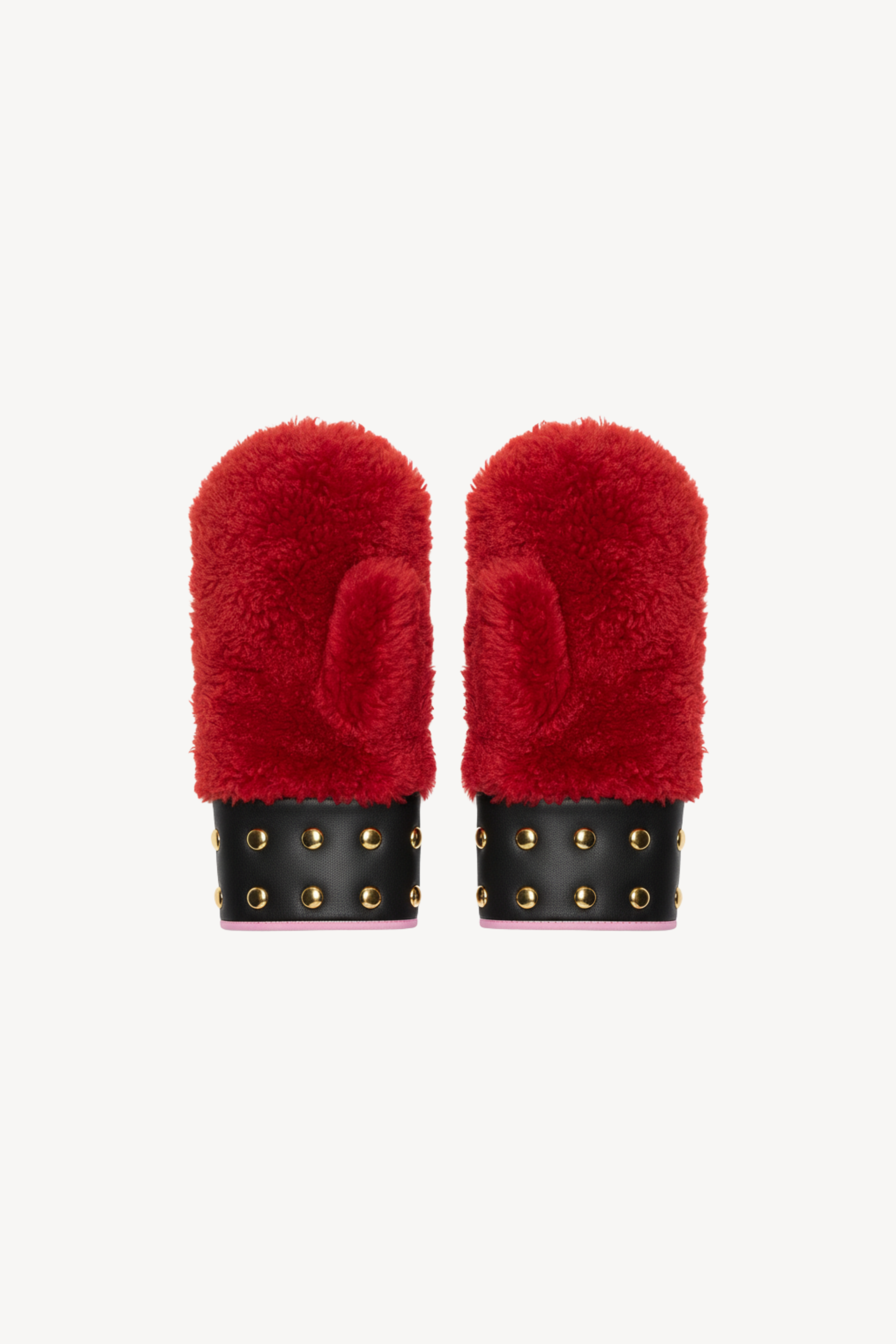 STUDDED RED SHEARLING MITTENS