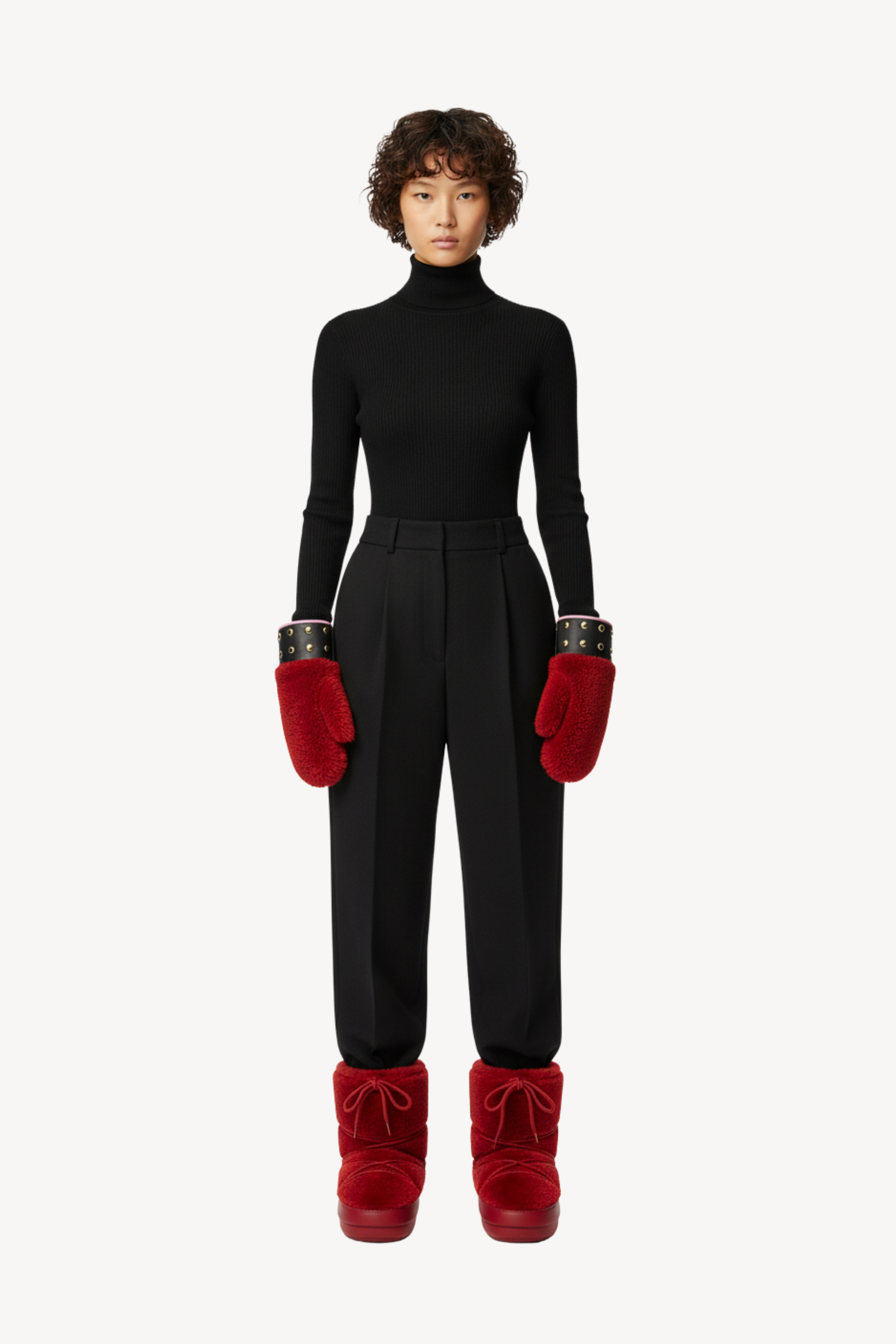 STUDDED RED SHEARLING MITTENS